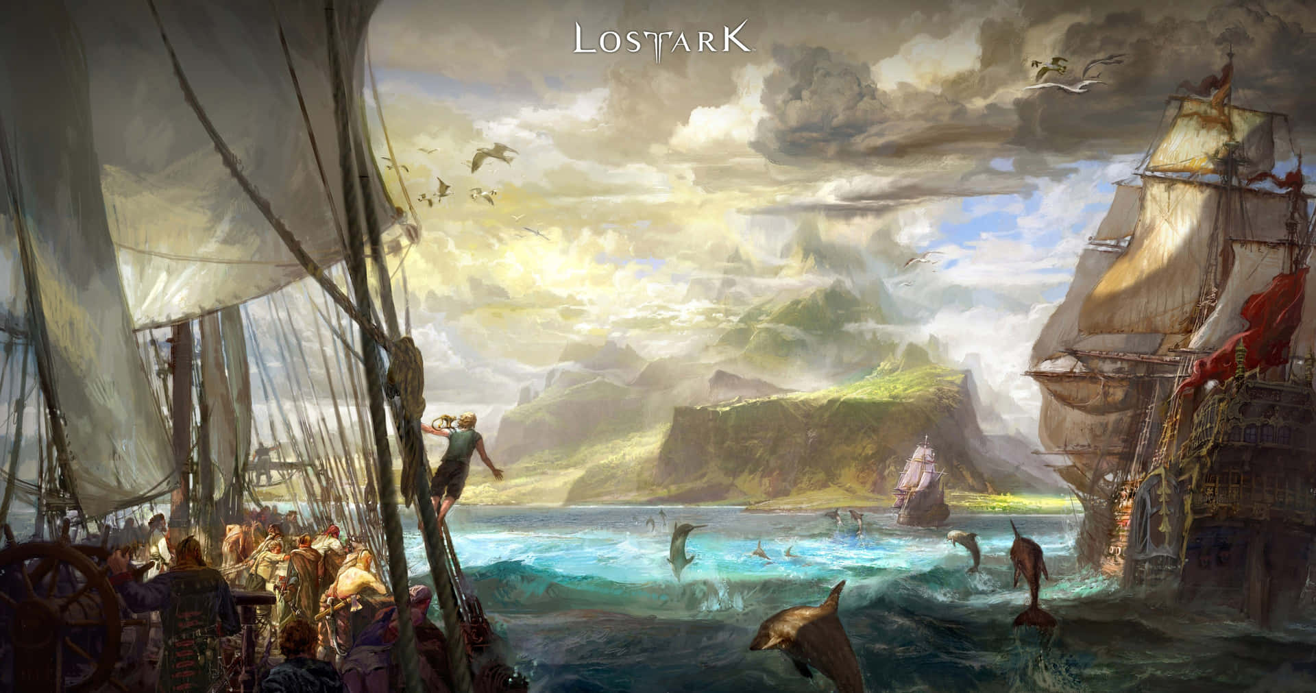 game 桌布 壁紙 — 一個戲劇性的奇幻海景，高大的船隻在鋸齒狀的懸崖旁航行，海豚在暴風雨的天空下穿過碧綠色的波浪跳躍。