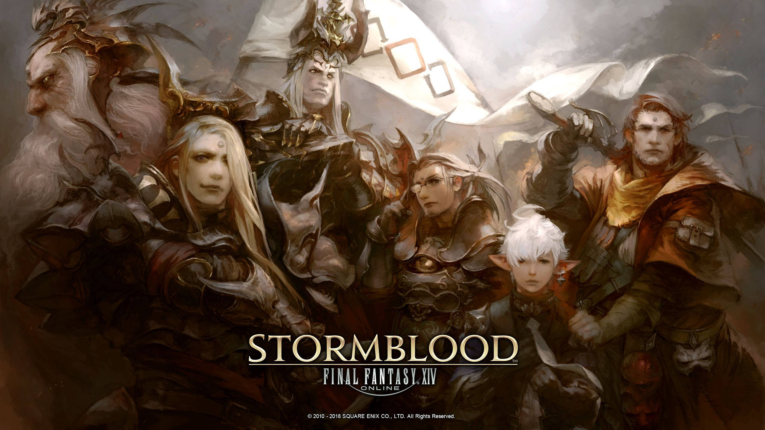 Ff14 桌布 壁紙 — 一個戲劇性的奇幻裝甲戰士和一個孩子群體，在暴風雨的天空下堅定地站立，手持旗幟。