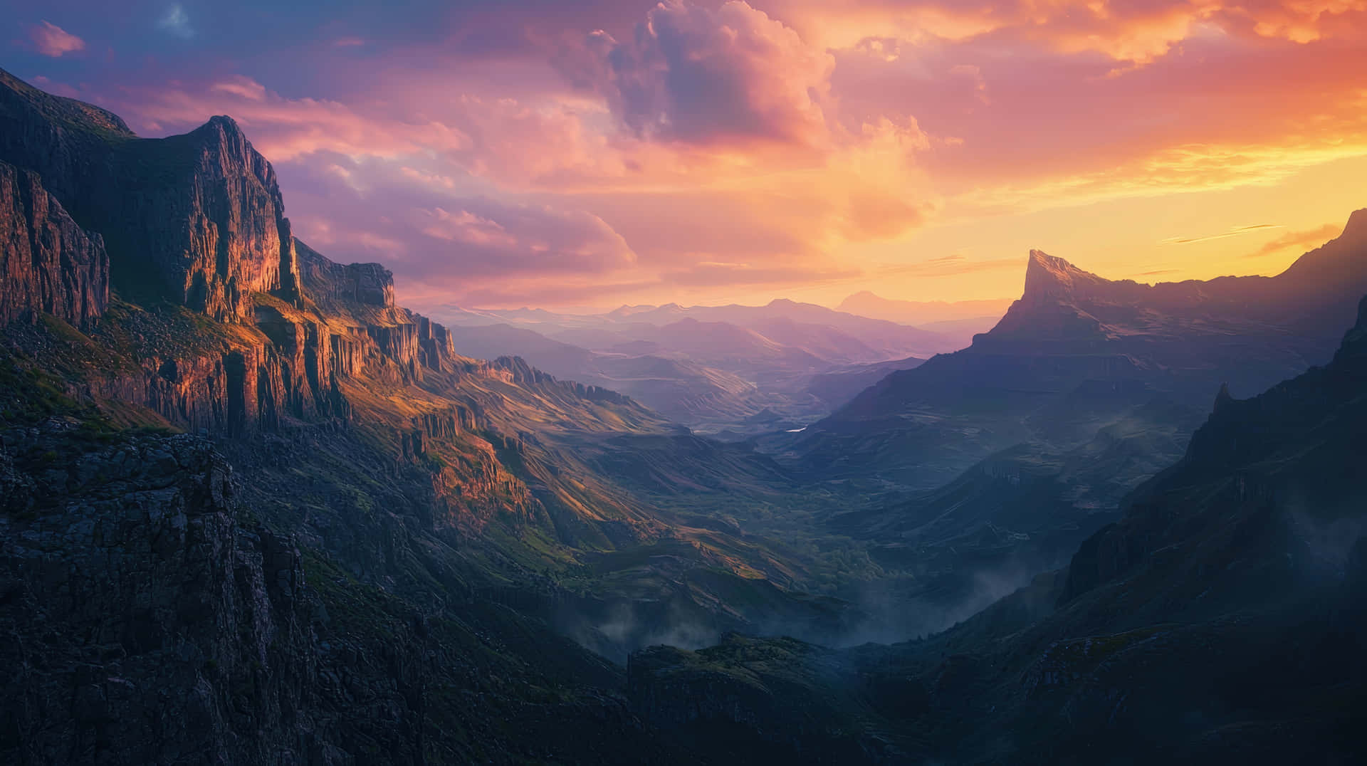 Majestic Mountain Valley with Dramatic Cliffs at Sunset Glow 壁紙 — 一個戲劇性的山谷，沐浴在金色的日落光芒中，有高聳的懸崖和霧氣繚繞的雲層。