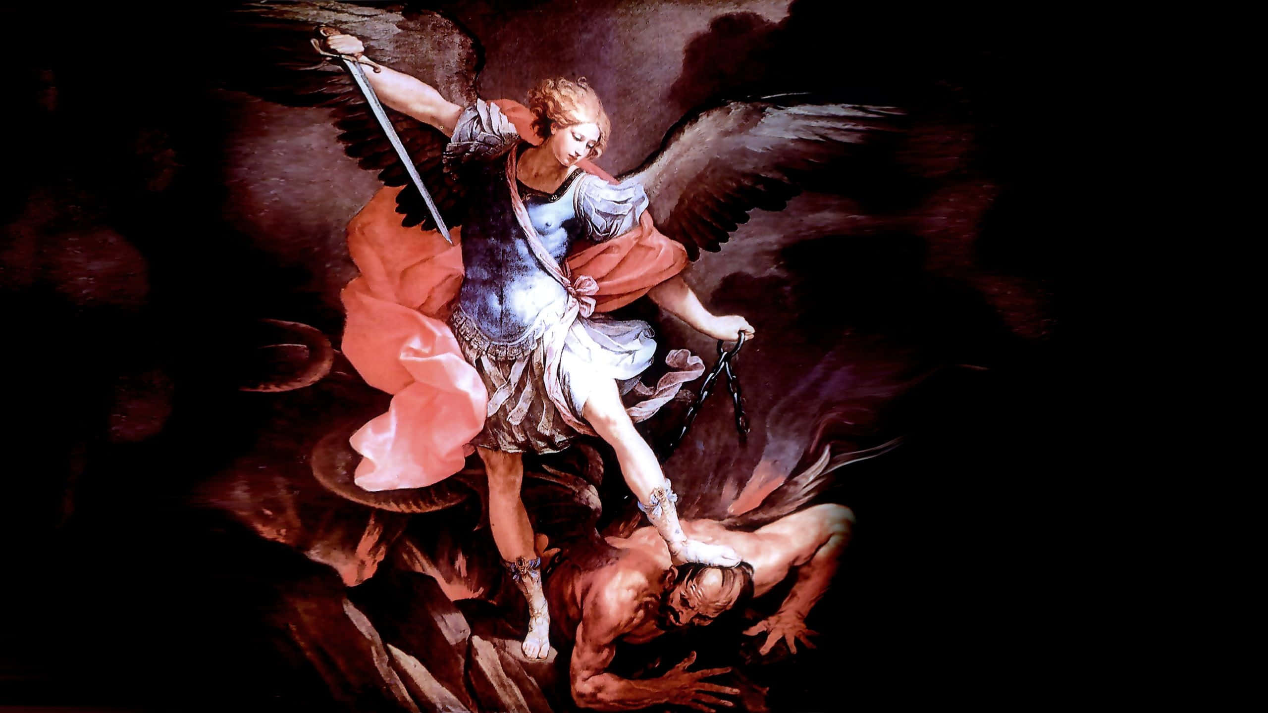 Religious Art 桌布 壁紙 — 一個戲劇性的巴洛克風格天使，身穿飄逸長袍和翅膀，在黑暗風暴背景下用劍擊倒惡魔般的人物。