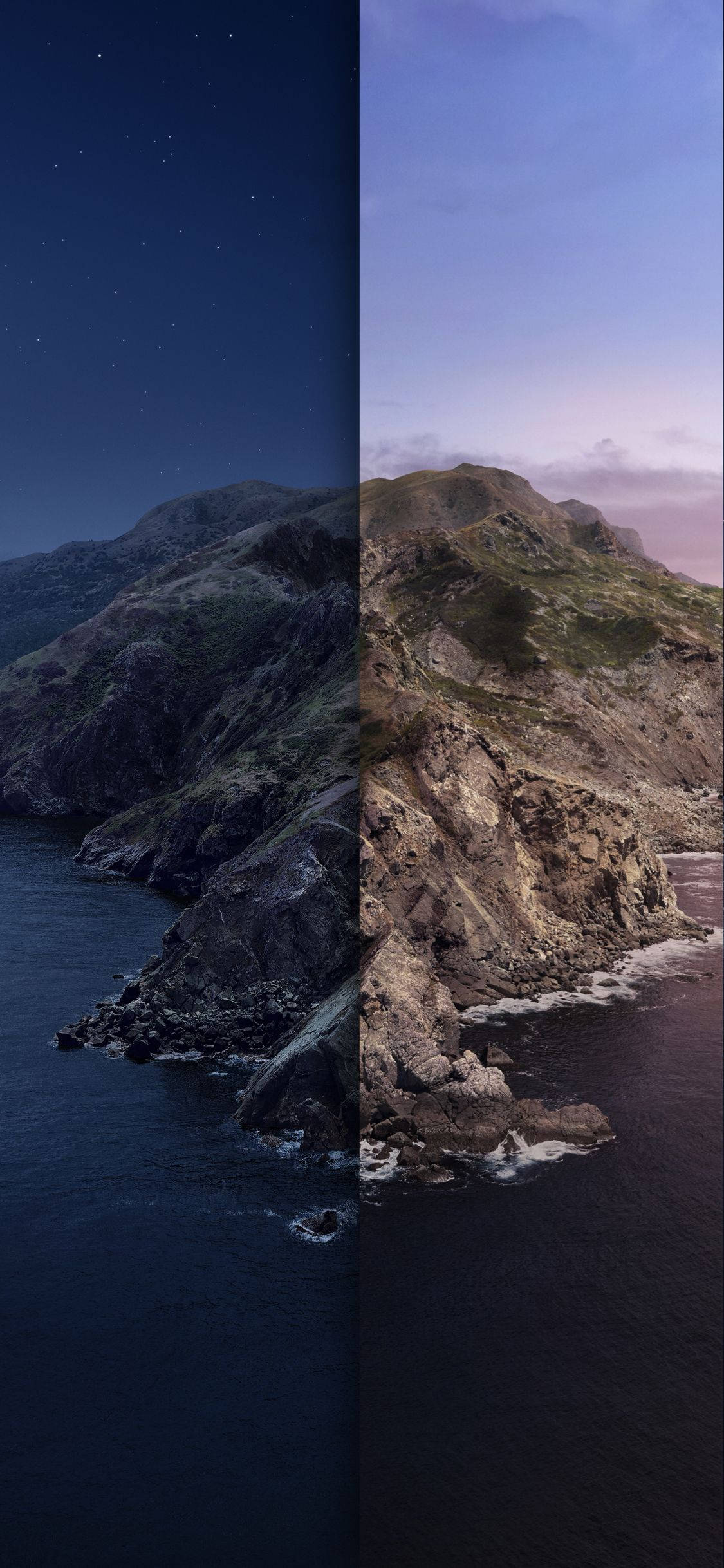 Catalina 桌布 壁紙 — 一個戲劇性的懸崖面，在海洋水域上空分為星空夜晚和黃昏天空。