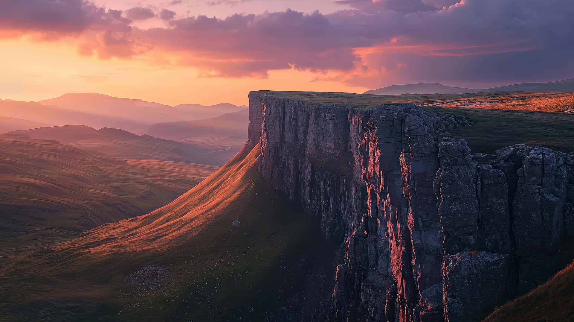Towering Cliffs Overlooking a Rolling Valley at Sunset 壁紙 — 一個戲劇性的懸崖面沐浴在金色的日落光芒中，聳立在起伏的綠色山丘之上，天空呈現充滿活力的紫色和橙色。