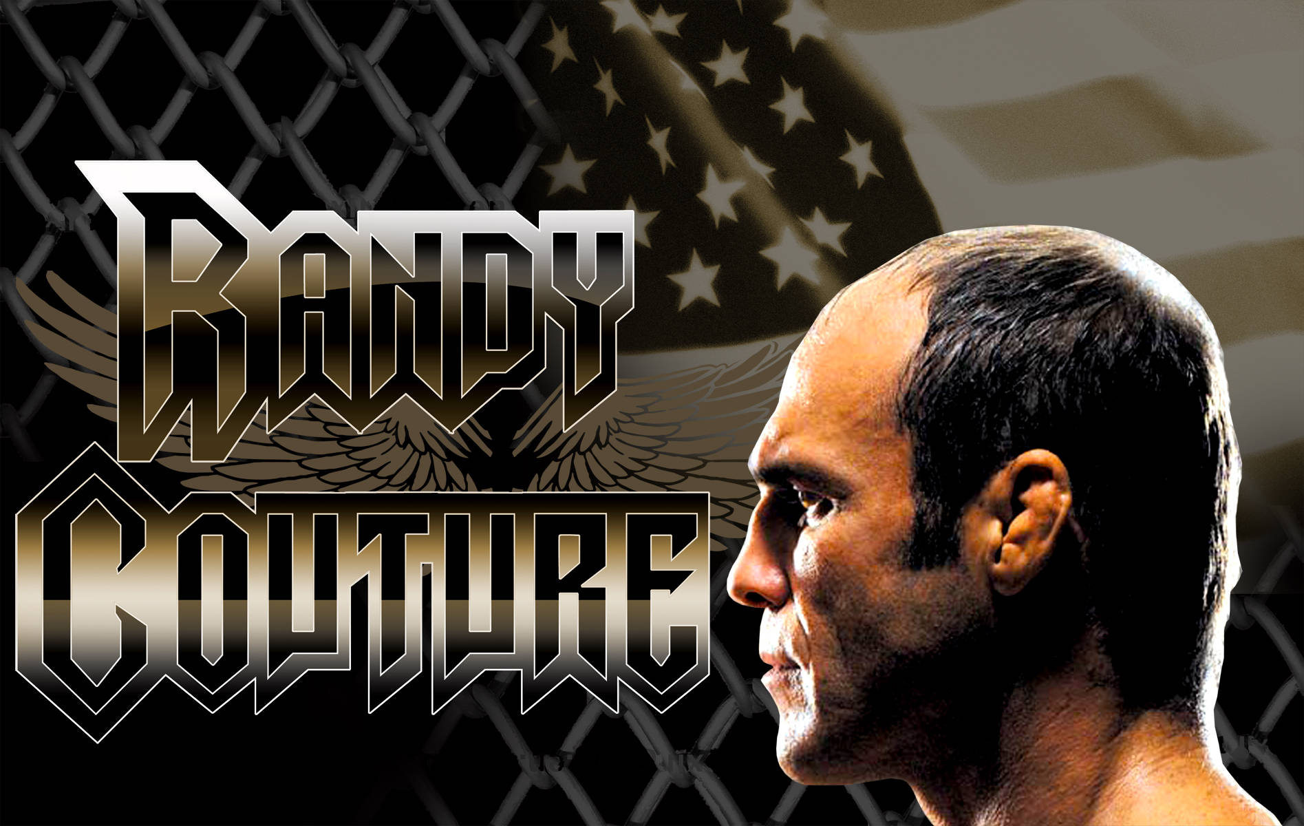 MMA 桌布 壁紙 — 一個戲劇性的戰士Randy Couture側面輪廓，背景是鐵絲網圍欄和美國國旗，並配有粗體金屬文字。