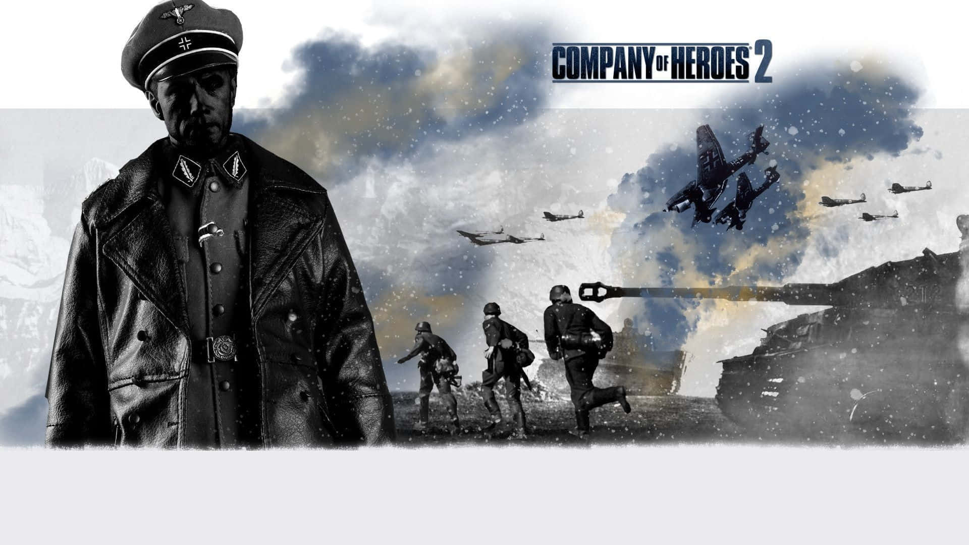 Company Of Heroes 2 桌布 壁紙 — 一個戲劇性的戰爭場景，前景有一位嚴肅的軍官，士兵們在前進，戰鬥機在暴風雨的天空下飛越戰場。