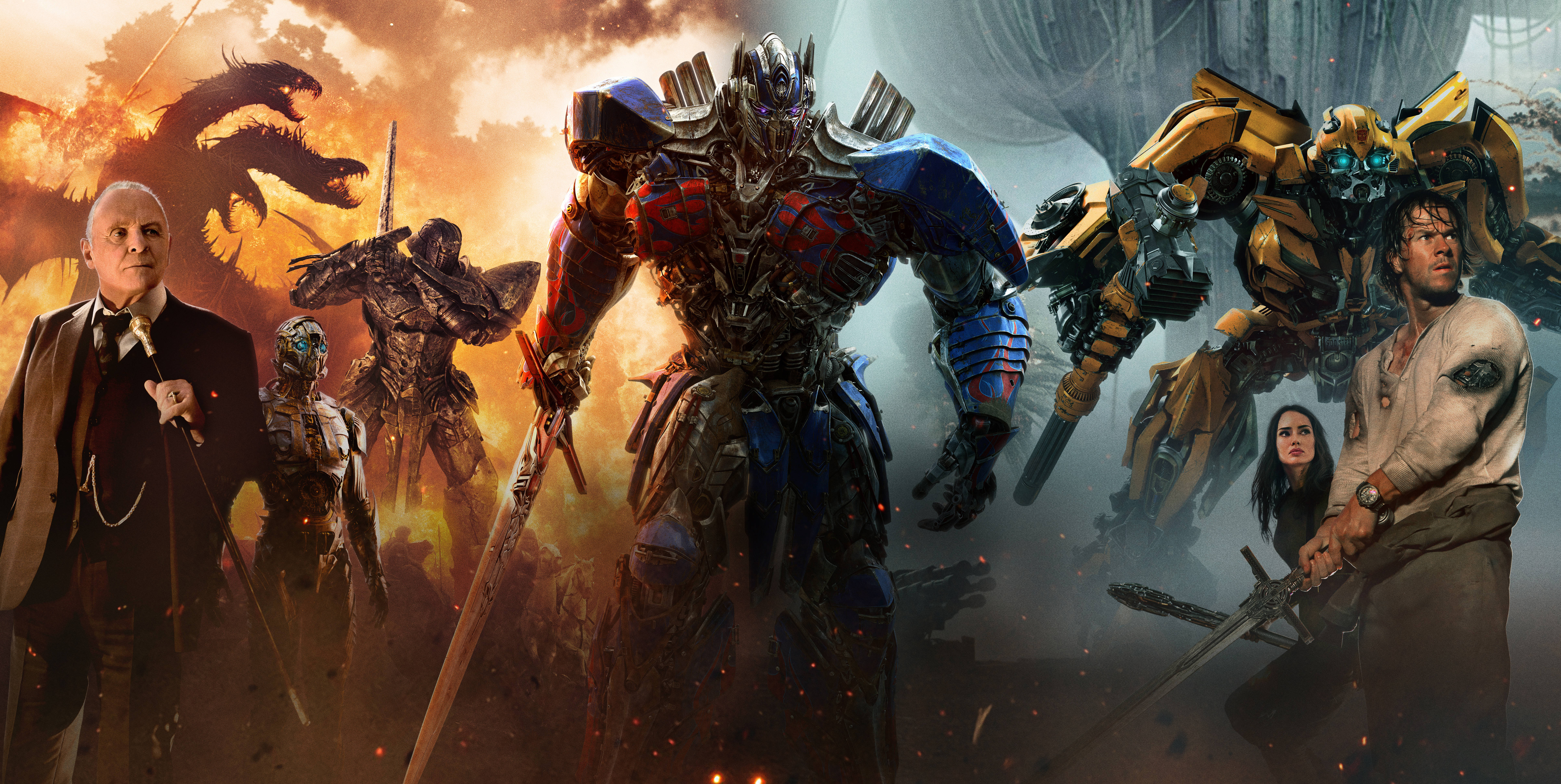 變形金剛 桌布 壁紙 — 一個戲劇性的戰鬥場景， featuring Optimus Prime 和 Bumblebee 與人類戰士一起對抗火焰龍背景。