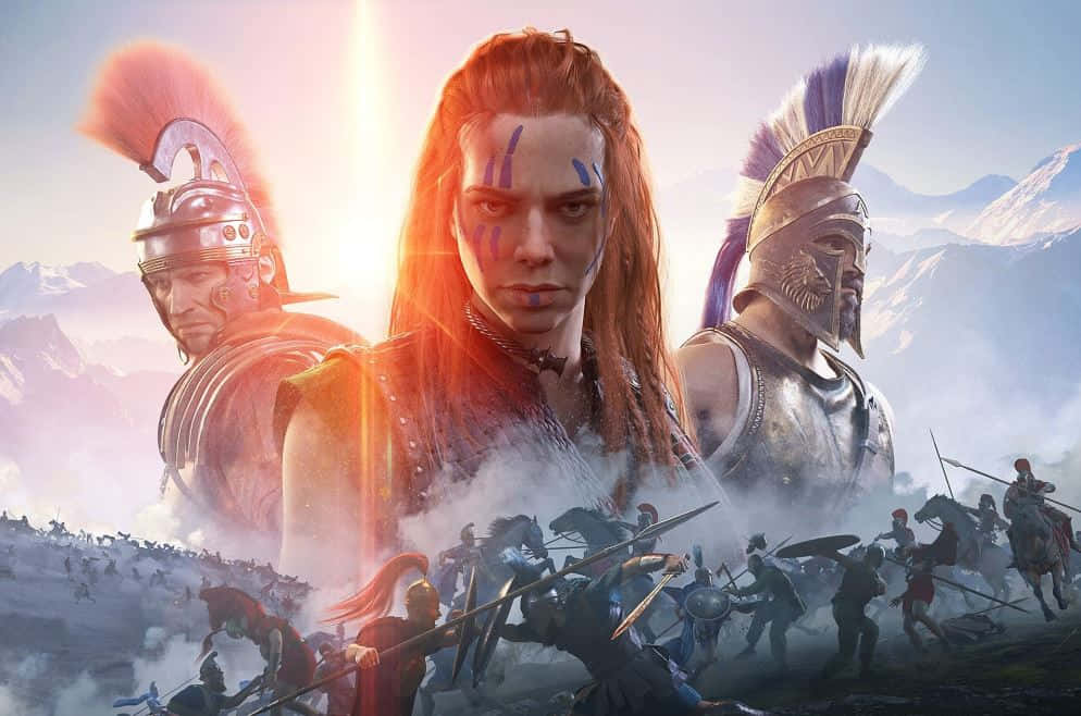 Online Gaming 桌布 壁紙 — 一個戲劇性的戰鬥場景，有穿著古代盔甲的戰士和一個臉上塗有藍色顏料的核心戰士，背景是山脈。