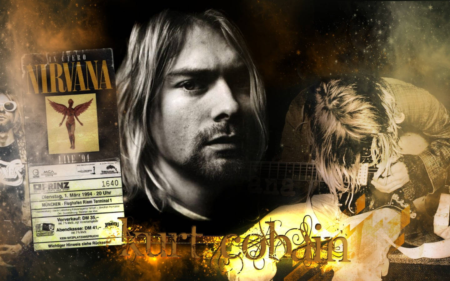 Cobain 桌布 壁紙 — 一個戲劇性的拼貼畫，以Kurt Cobain、演唱會門票和吉他表演為特色，背景為金色紋理。