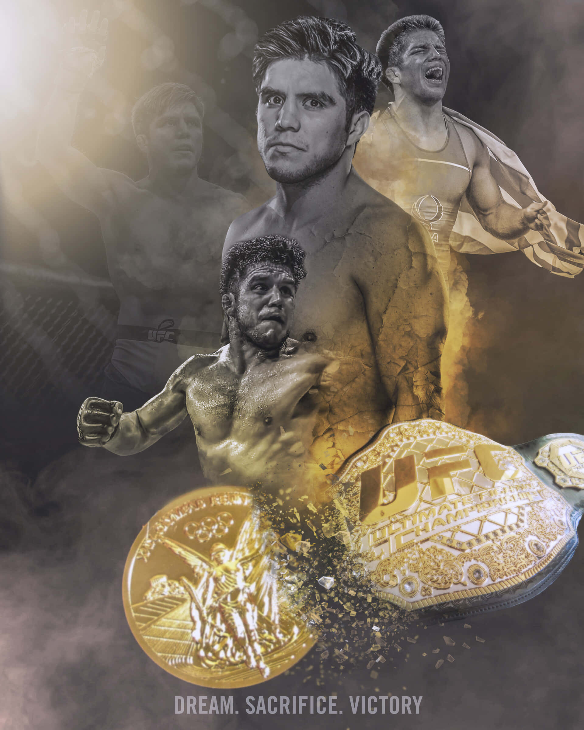 UFC 桌布 壁紙 — 一個戲劇性的拼貼畫，描繪了戰士的旅程，包含多個激烈的姿勢和閃閃發光的UFC冠軍腰帶。
