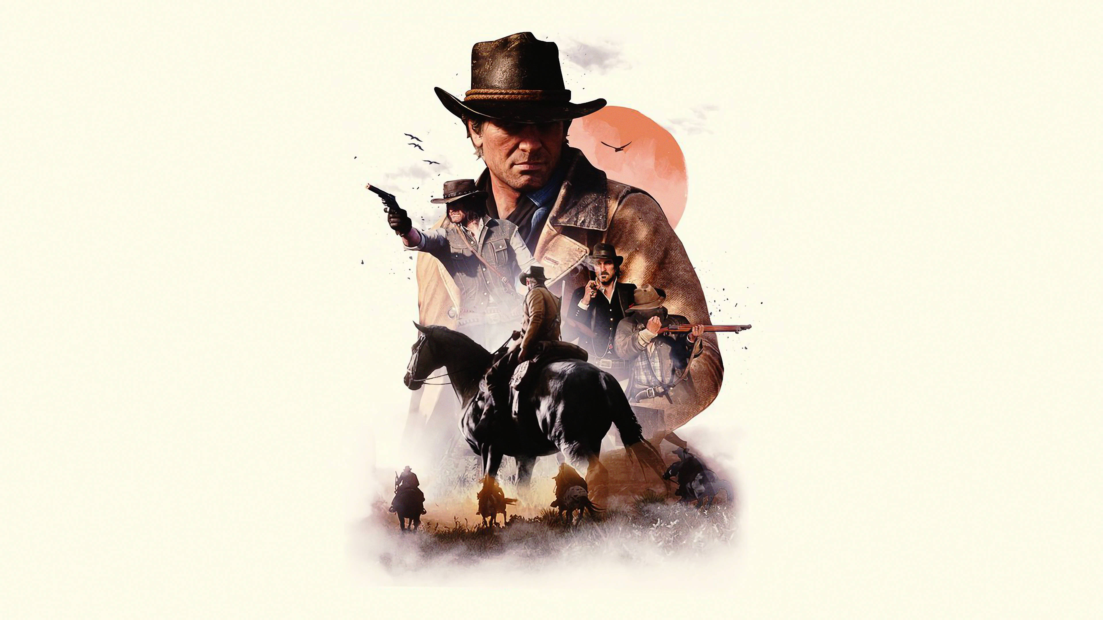 Red Dead Redemption 2 Desktop 桌布 壁紙 — 一個戲劇性的拼貼畫，描繪了牛仔和馬匹在熾熱的橙色太陽下，頭頂有鳥兒飛翔。