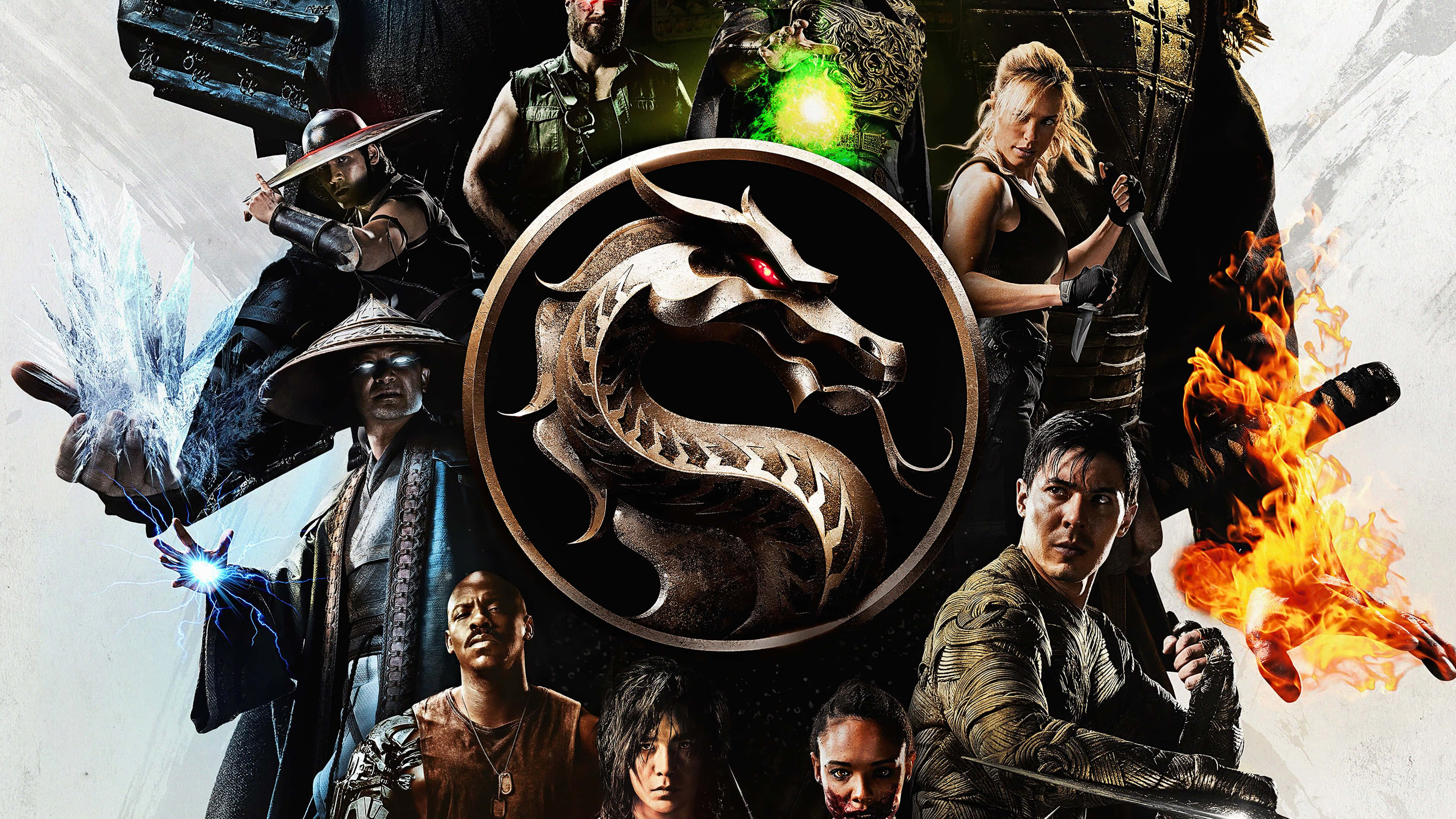 桌布 壁紙 — 一個戲劇性的拼貼畫，描繪真人快打角色在中央龍形徽章周圍揮舞元素力量。