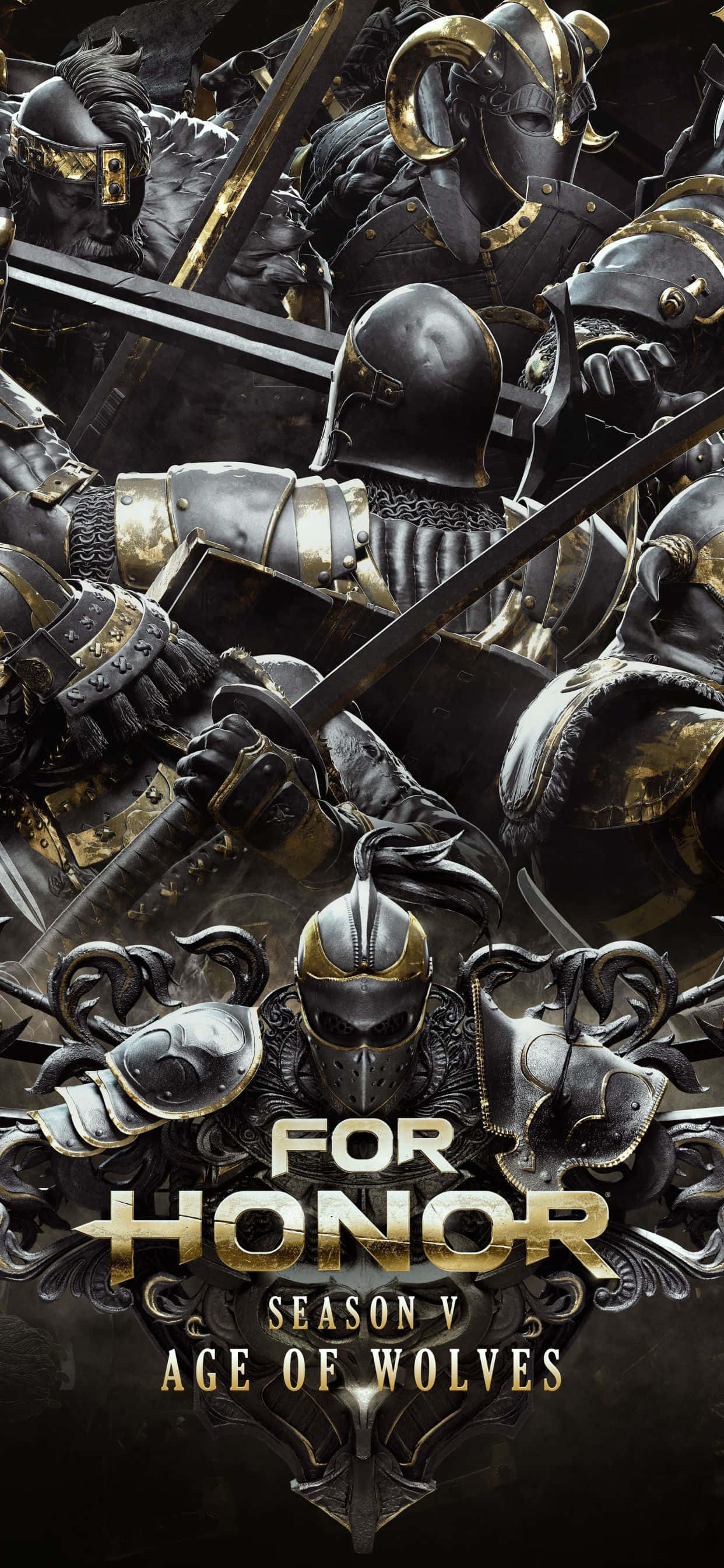 iPhone Xs Max For Honor 桌布 壁紙 — 一個戲劇性的拼貼畫，描繪身穿黑色和金色裝備的裝甲戰士在黑暗的電影構圖中用劍交鋒。
