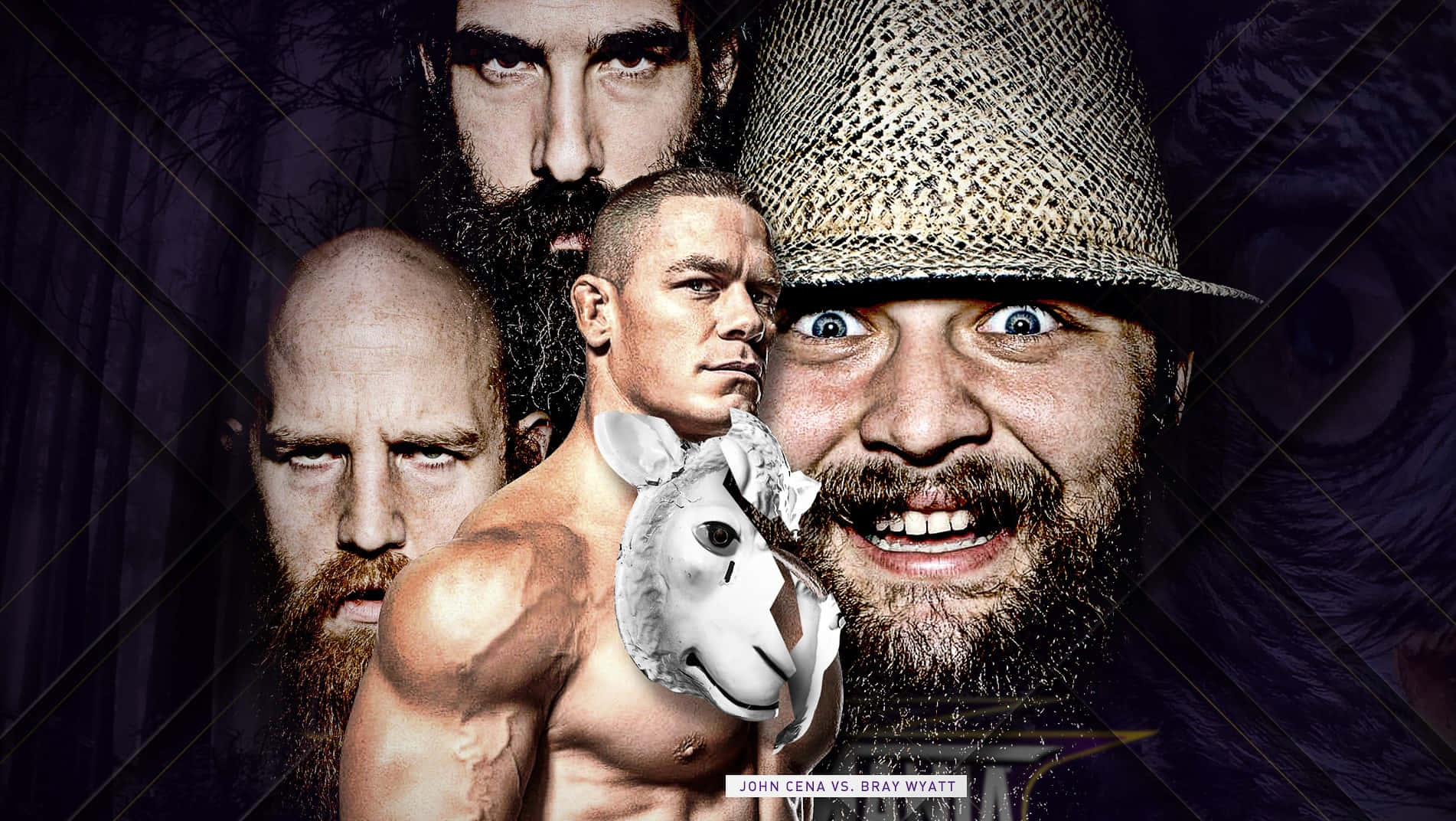 WWE 桌布 壁紙 — 一個戲劇性的摔角宣傳片，約翰·希南手持馬面具，在黑暗緊張的場景中面對布雷·懷亞特和布朗·史卓曼。