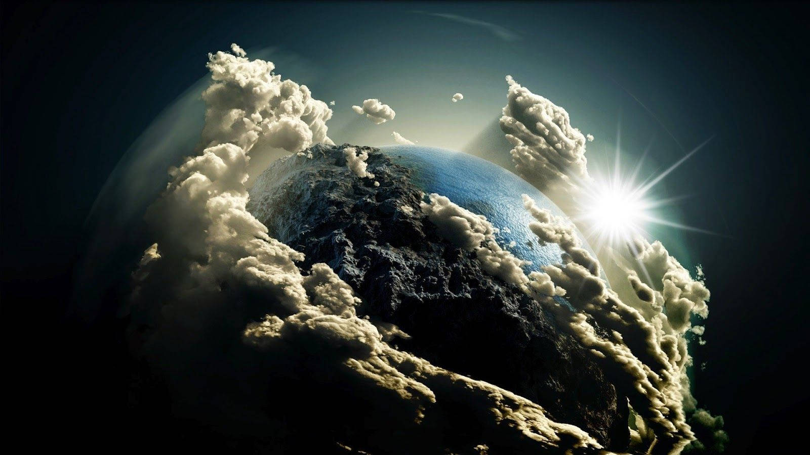 行星動畫 桌布 壁紙 — 一個戲劇性的星球景象，有旋轉的雲層和明亮的太陽爆發照亮其彎曲的地平線。