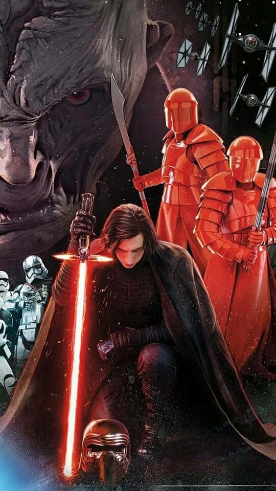 The First Order 桌布 壁紙 — 一個戲劇性的星際大戰場景，凱羅·忍跪著手持紅色光劍，身後太空中有威脅性的人物聳立。