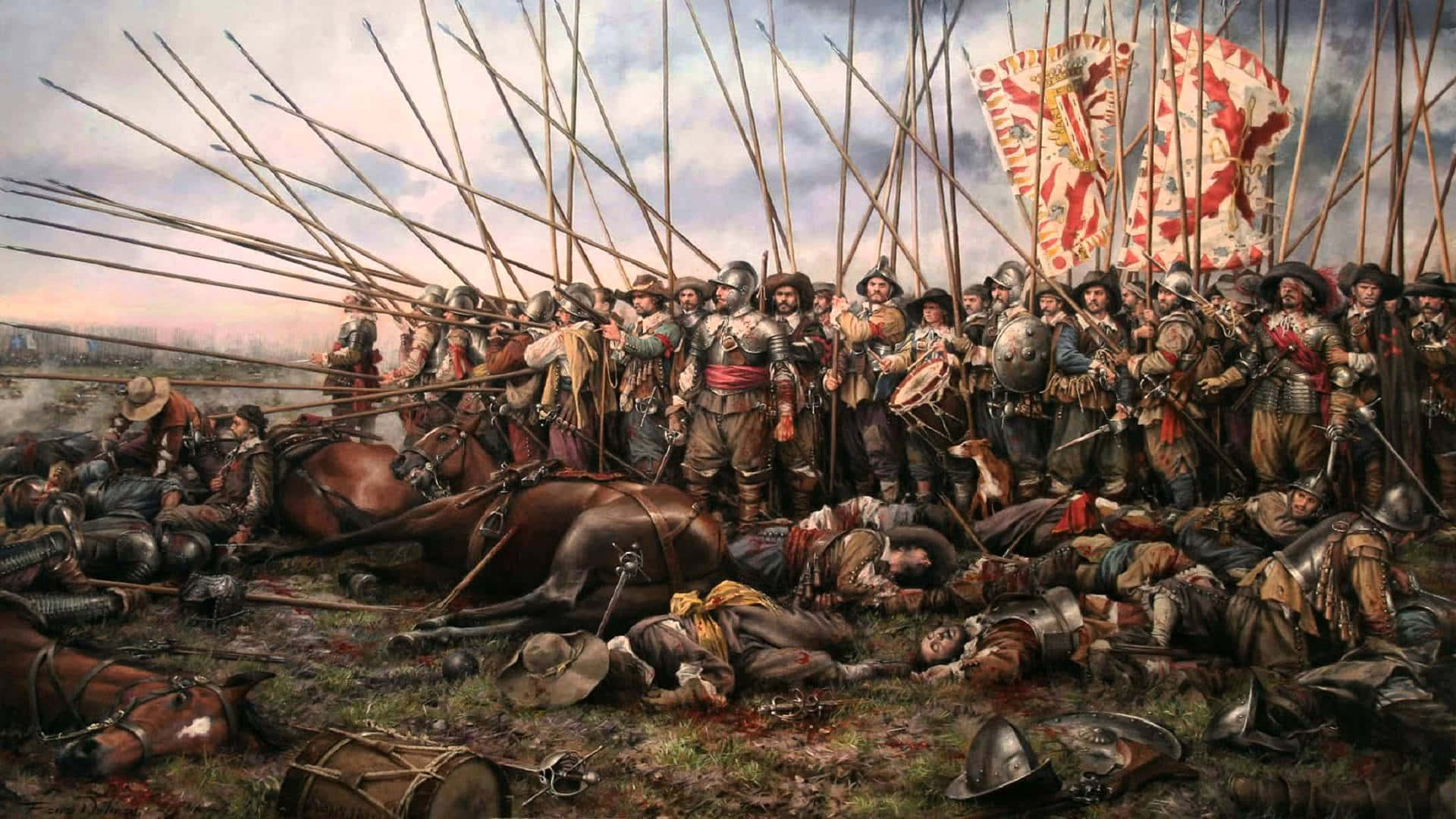  壁紙 — 一個戲劇性的歷史戰鬥場景，裝甲士兵在泥濘的戰場上揮舞長矛和旗幟，周圍是倒下的戰士和馬匹。