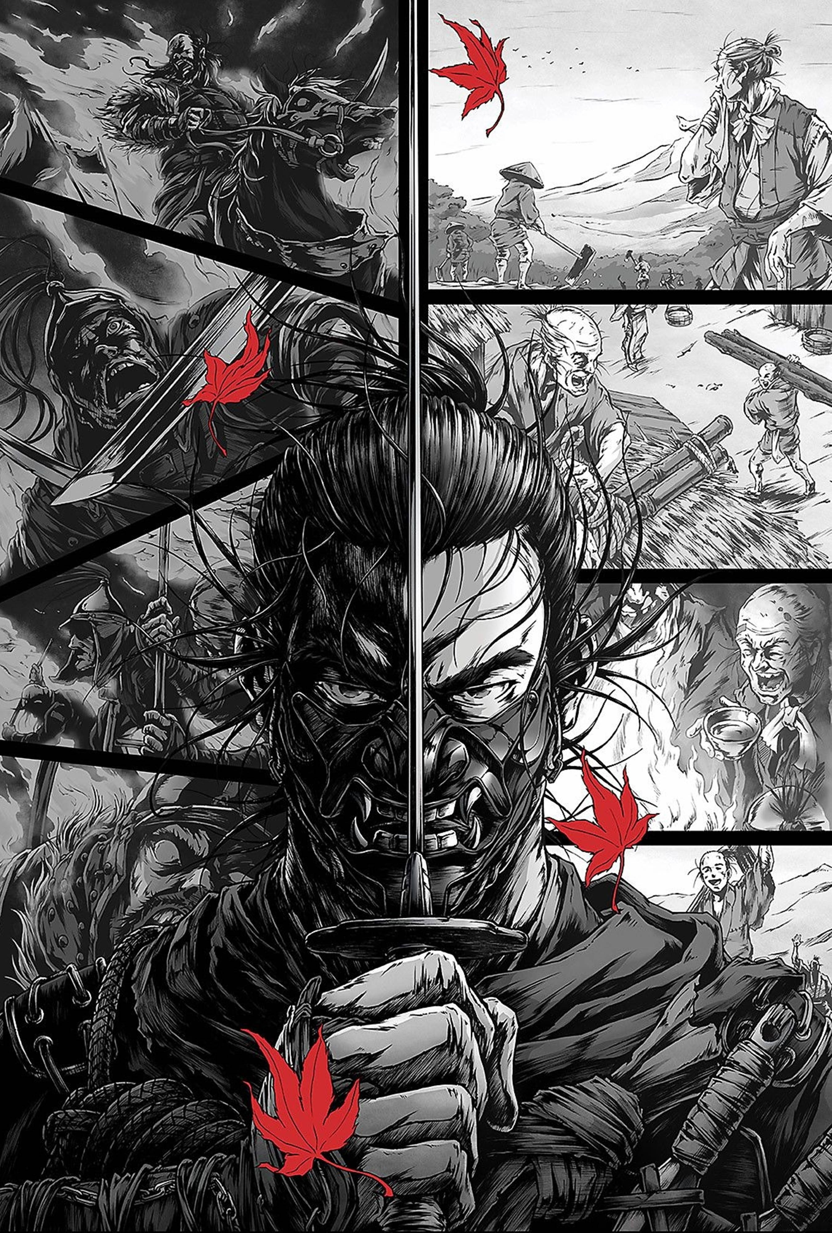 對馬戰鬼 桌布 壁紙 — 一個戲劇性的漫畫風格戰士，手持武士刀和紅色楓葉，背景為黑白戰鬥場景。