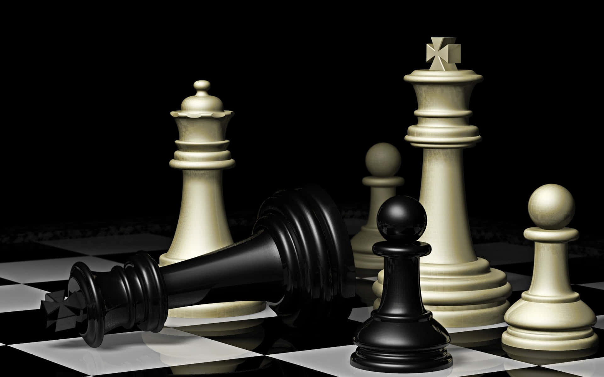 game 桌布 壁紙 — 一個戲劇性的特寫，顯示倒下的黑色西洋棋棋子與站立的白色棋子形成對比，位於光澤棋盤上。