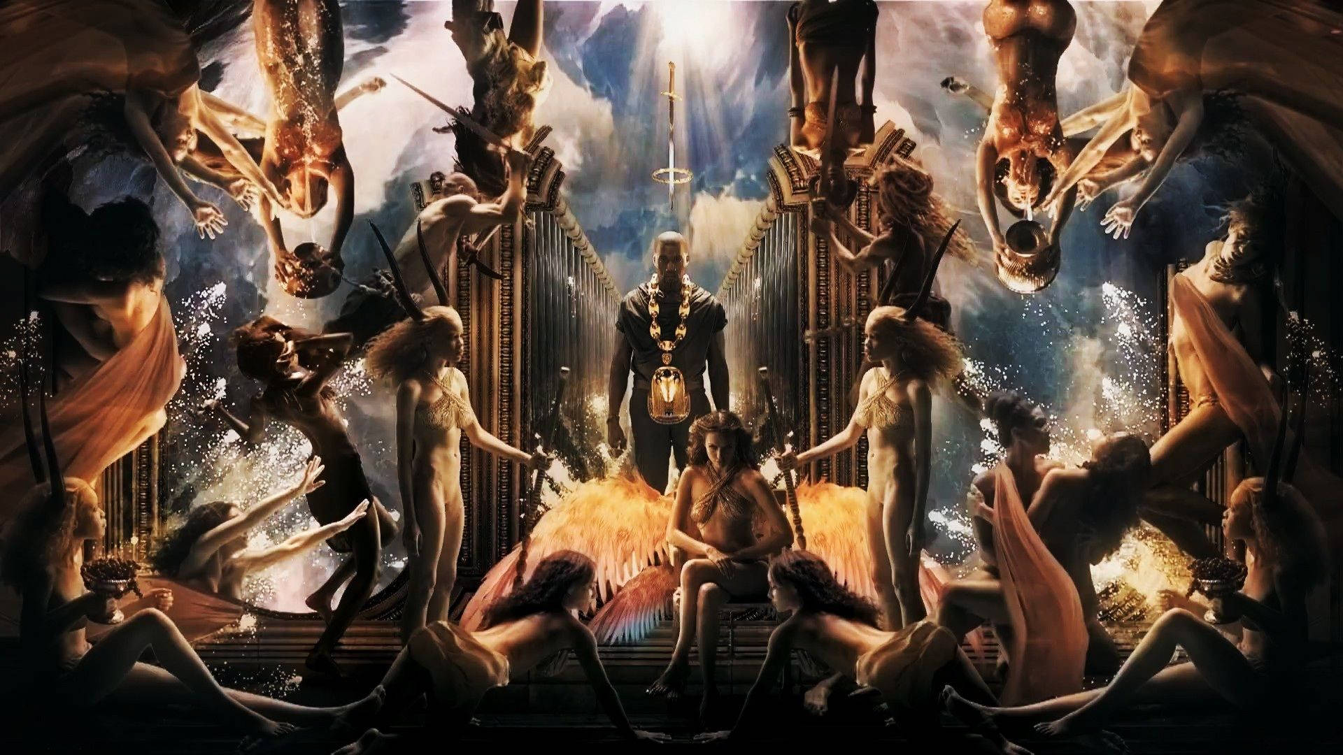 Kanye 桌布 壁紙 — 一個戲劇性的神聖場景，中央有一個穿甲的人物，周圍環繞著裸體人物，在超現實的天堂環境中。