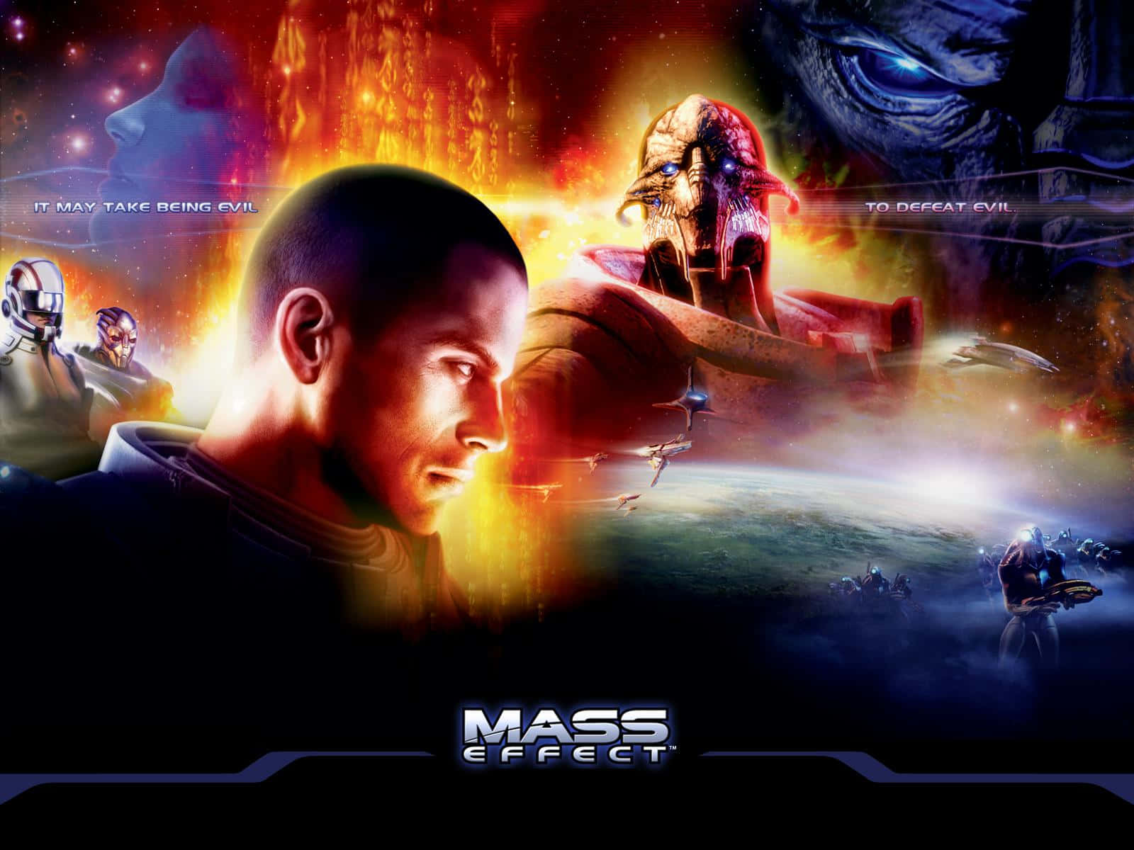 Mass Effect Characters 桌布 壁紙 — 一個戲劇性的科幻場景，人類主角在宇宙背景下對抗外星敵人，伴隨著熾熱的爆炸和未來主義的太空船。