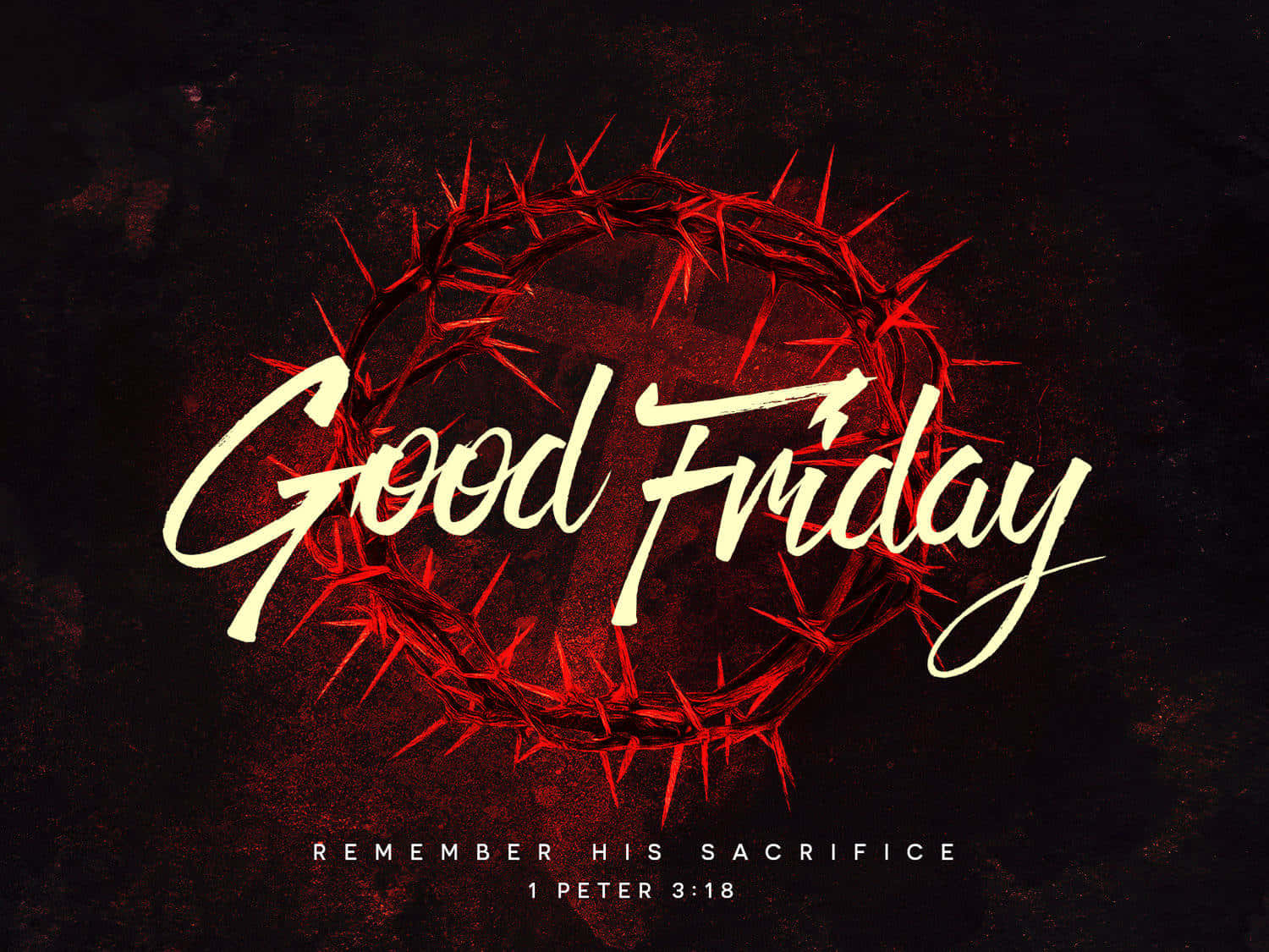 Friday 桌布 壁紙 — 一個戲劇性的紅色荊棘冠冕框住發光的金色「Good Friday」文字，背景為深色紋理。