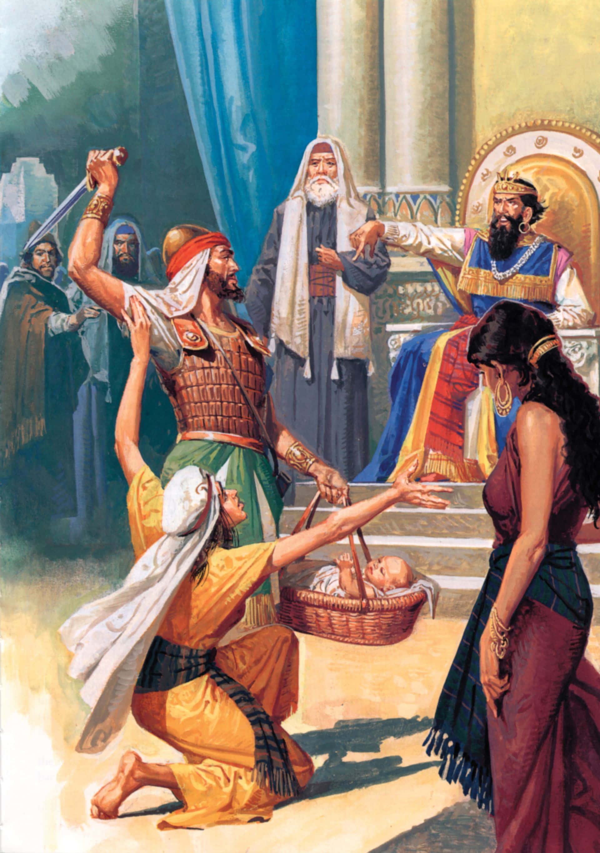 King Solomon 桌布 壁紙 — 一個戲劇性的聖經場景描繪一名戰士手持劍，而一名女子跪著將籃子裡的嬰兒獻給坐在王座上的皇室人物。