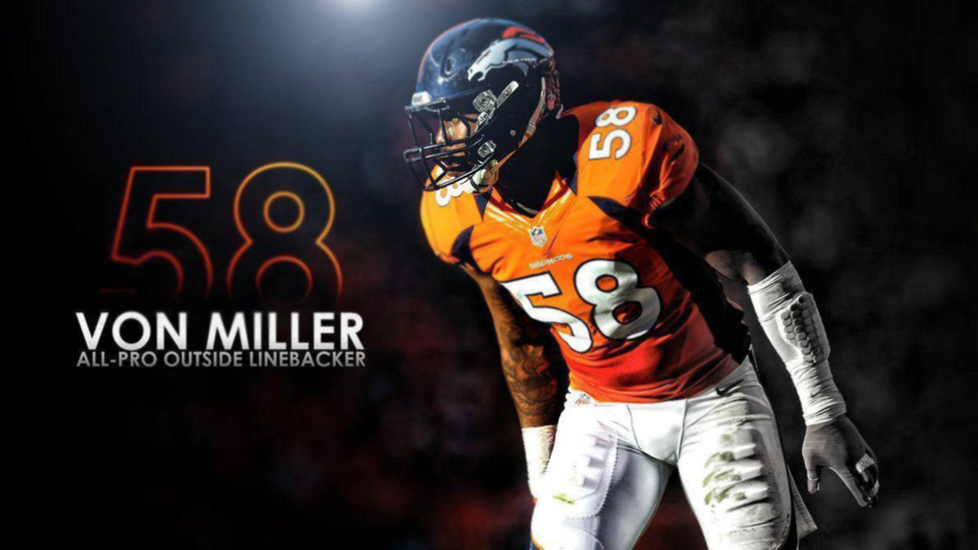 馮·米勒 桌布 壁紙 — 一個戲劇性的聚光燈突出了Von Miller穿著他的橙色丹佛野馬隊58號球衣在夜間足球比賽中。