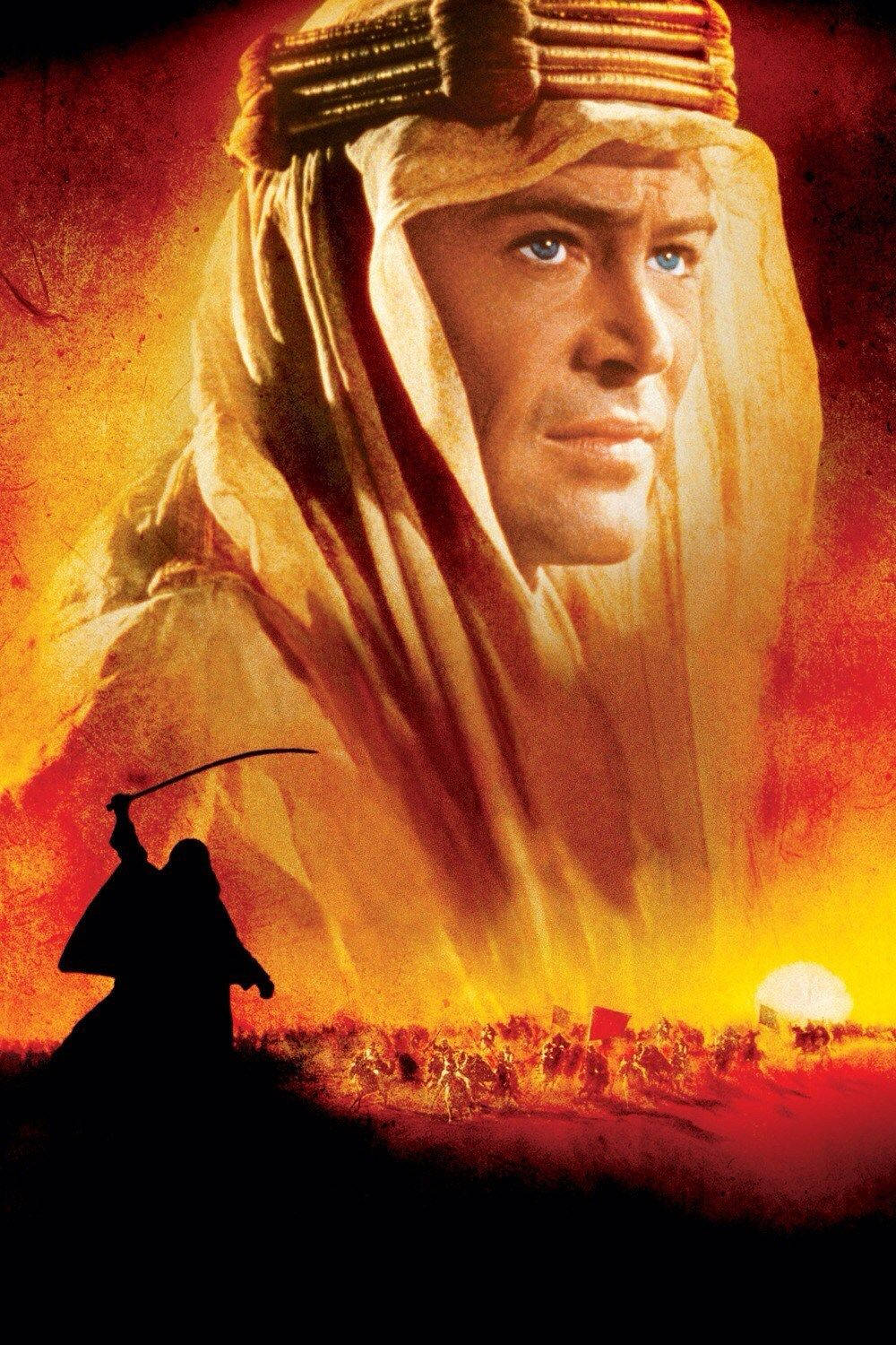 Film 桌布 壁紙 — 一個戲劇性的肖像，一個穿著沙漠長袍的男人，背景是火紅的日落，下方有一個戰士剪影。