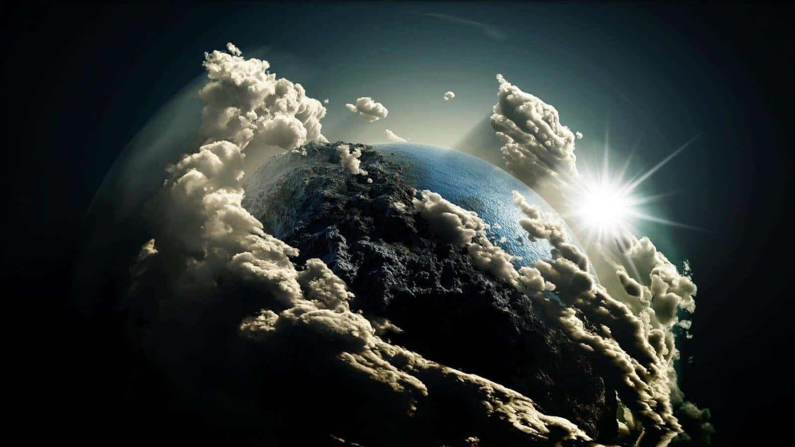 史詩 桌布 壁紙 — 一個戲劇性的行星，有旋轉的雲層和明亮的太陽爆發，照亮其彎曲的地平線，背景是黑暗的虛空。