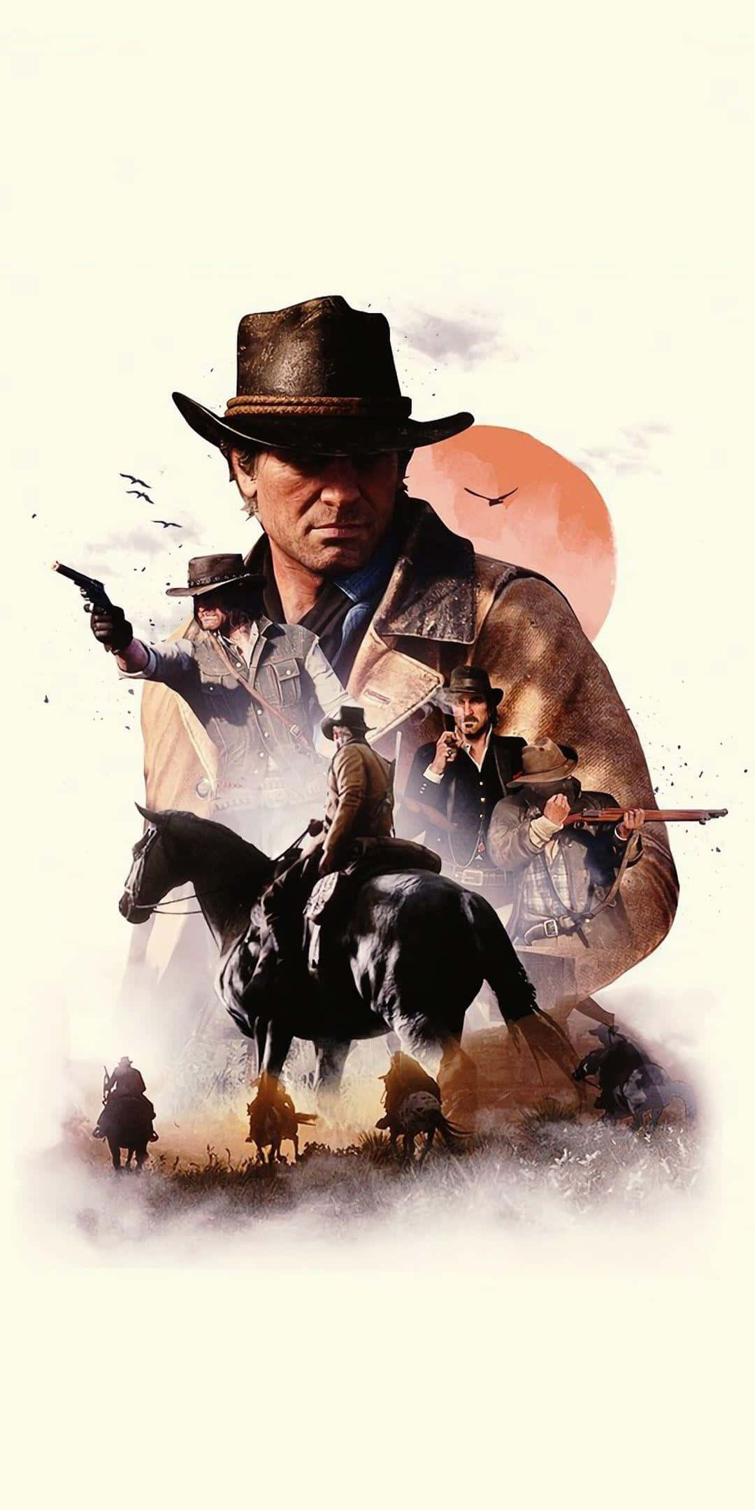 Red Dead Redemtion 2 桌布 壁紙 — 一個戲劇性的西部場景，中央有一位戴棕色帽子和皮夾克的牛仔，被其他騎馬的牛仔包圍，背景是溫暖的日落天空。