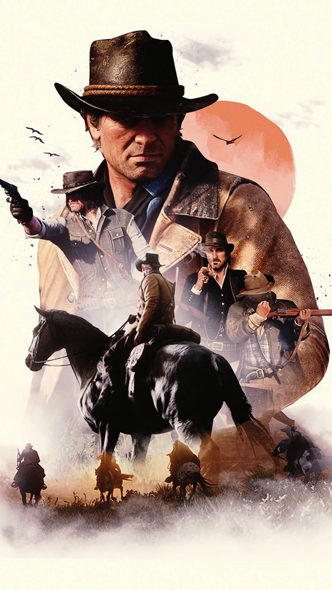 Cowboy 桌布 壁紙 — 一個戲劇性的西部場景，有騎馬的牛仔和一個戴帽子的中央大人物，背景是溫暖的日落天空。