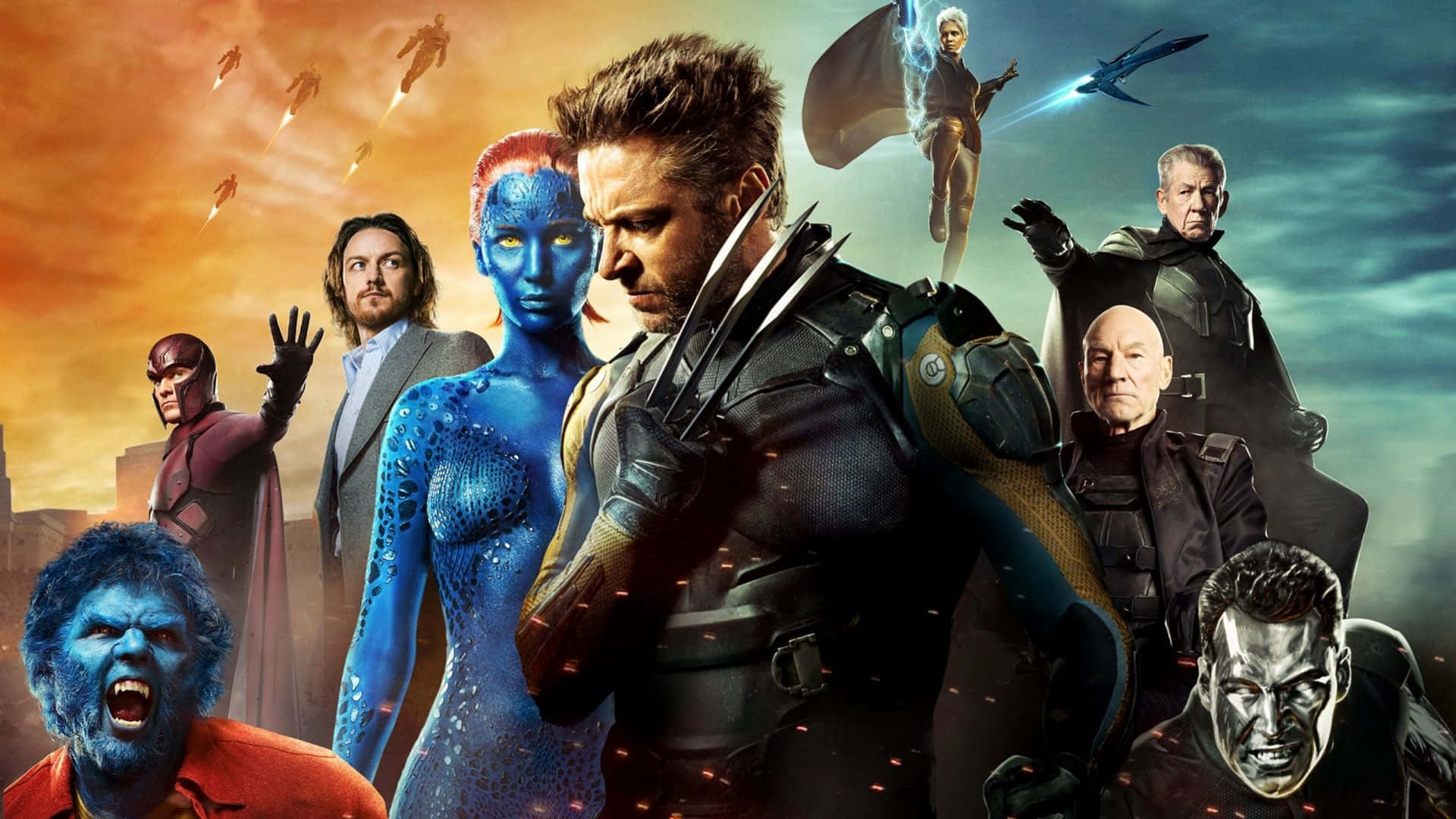 Marvel Movie 桌布 壁紙 — 一個戲劇性的超級英雄組合，包括金鋼狼、魔形女和其他變種人，背景是火熱的日落城市景觀。