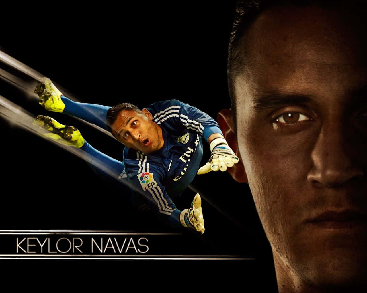 Keylor Navas 桌布 壁紙 — 一個戲劇性的近距離特寫，足球守門員凱洛爾·納瓦斯在黑色背景前飛身撲救，他充滿張力的臉龐佔據畫面。