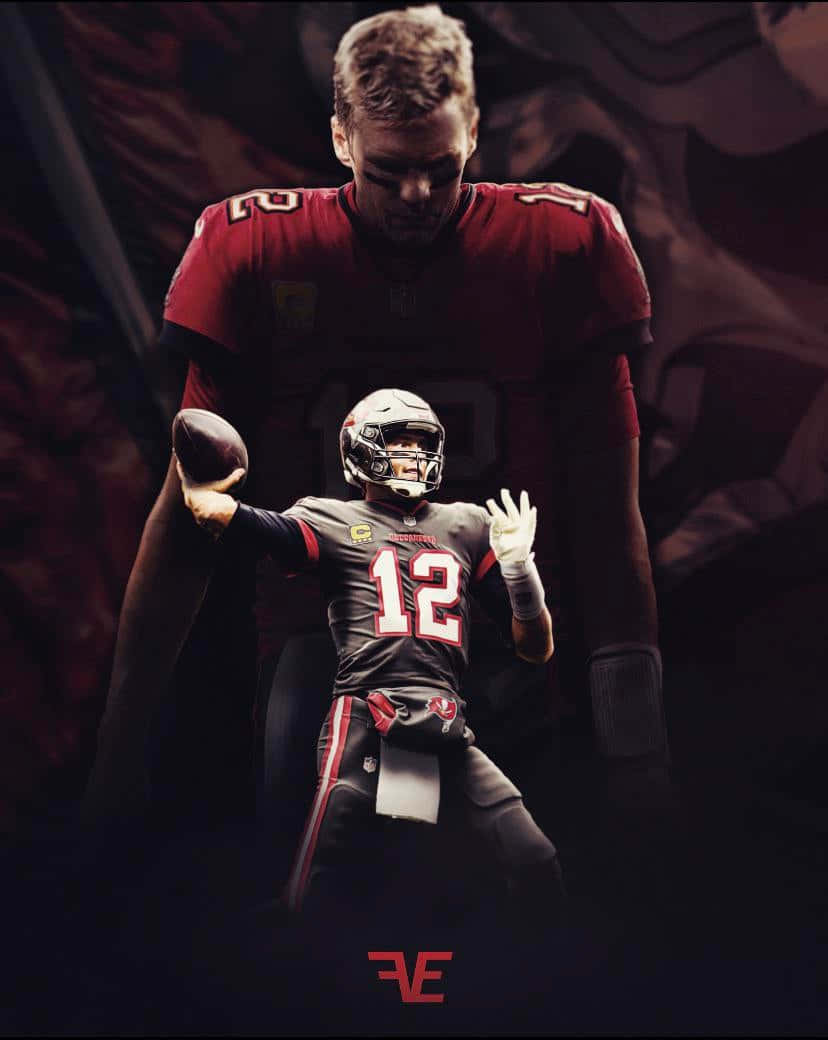 Tom Brady Goat 桌布 壁紙 — 一個戲劇性的雙重曝光，捕捉足球運動員在動作中的畫面，疊加了一個身穿紅色球衣的高聳陰影人物。