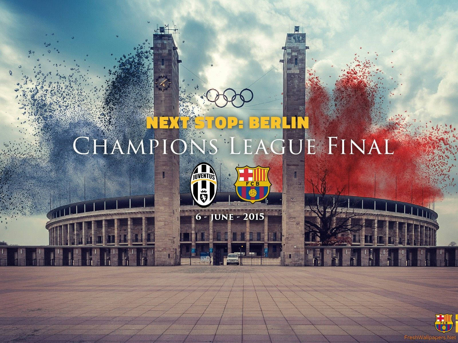 Champions League 桌布 壁紙 — 一個戲劇性的體育場，有兩座塔在陰天天空下噴出黑色和紅色的粉末，帶有奧運五環和歐冠決賽文字。
