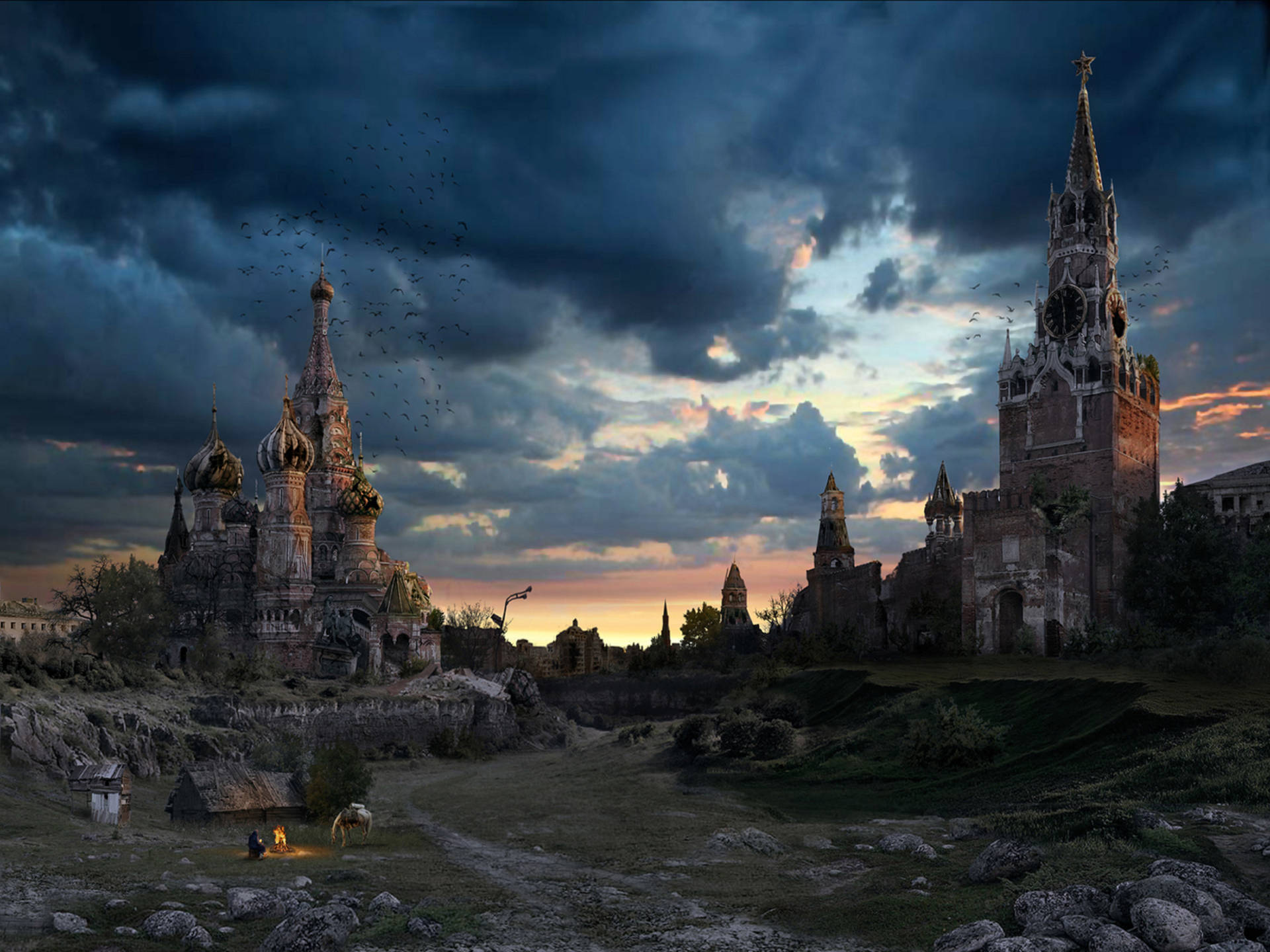Russia 桌布 壁紙 — 一個戲劇性的黃昏場景顯示了古老的俄羅斯教堂和塔樓矗立在廢墟中，暴風雨的天空下有鳥兒飛翔。