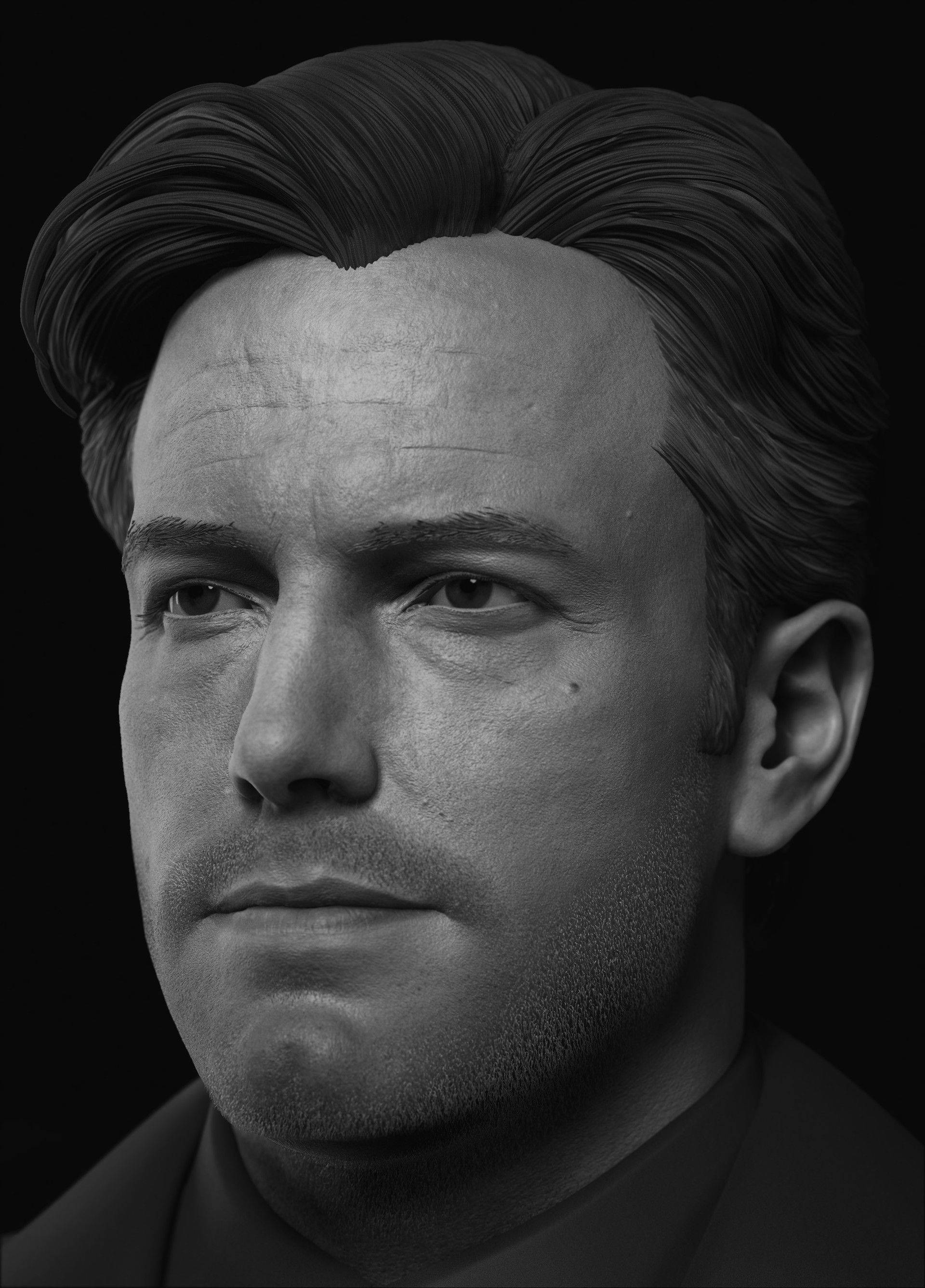 Ben Affleck 桌布 壁紙 — 一個戲劇性的黑白3D渲染肖像，描繪一位擁有時尚髮型和強烈眼神的男子，背景為深色。