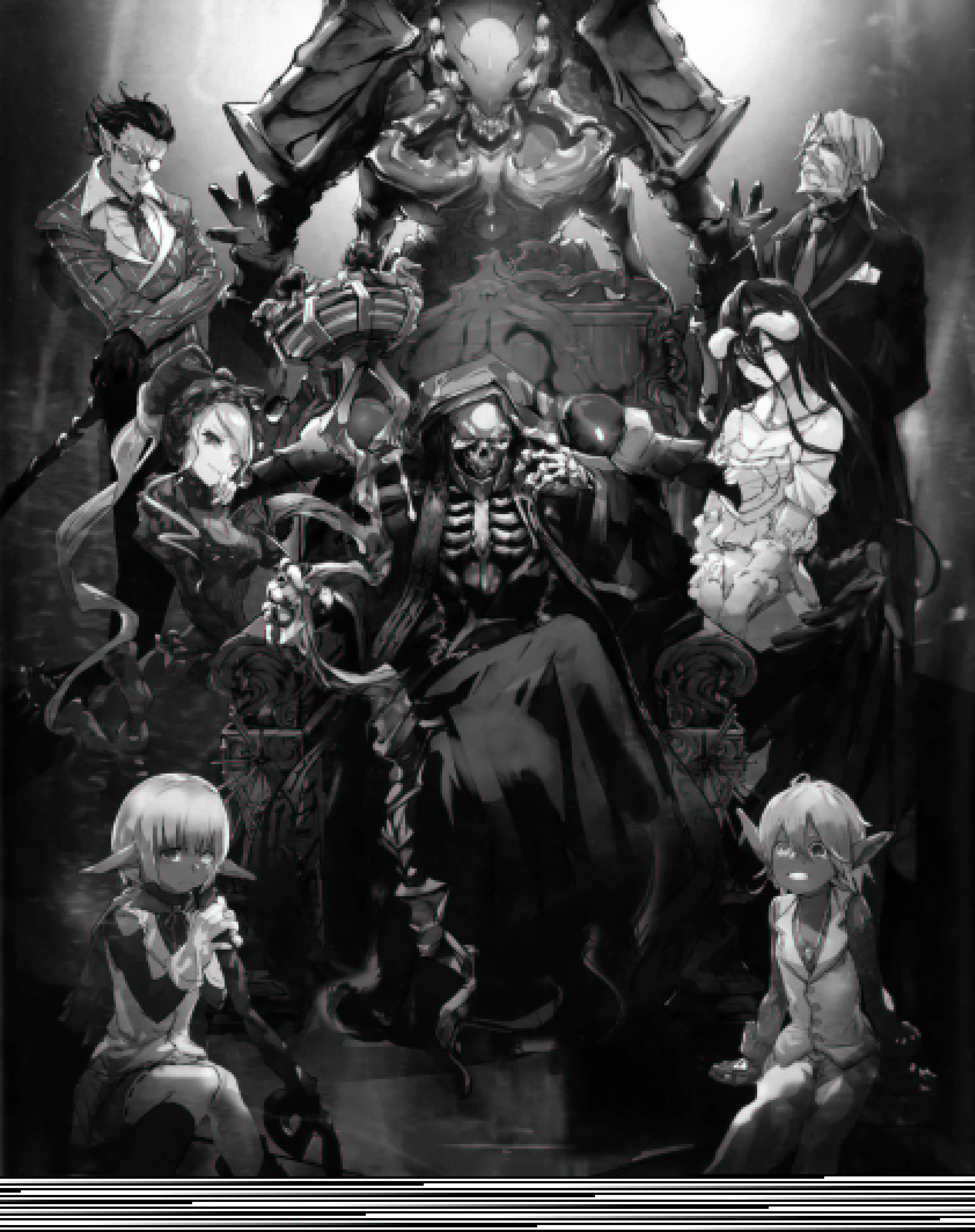 Overlord 桌布 壁紙 — 一個戲劇性的黑白動畫場景，描繪一個骷髏國王坐在王座上，周圍環繞著各種奇幻角色，處於黑暗、不祥的環境中。