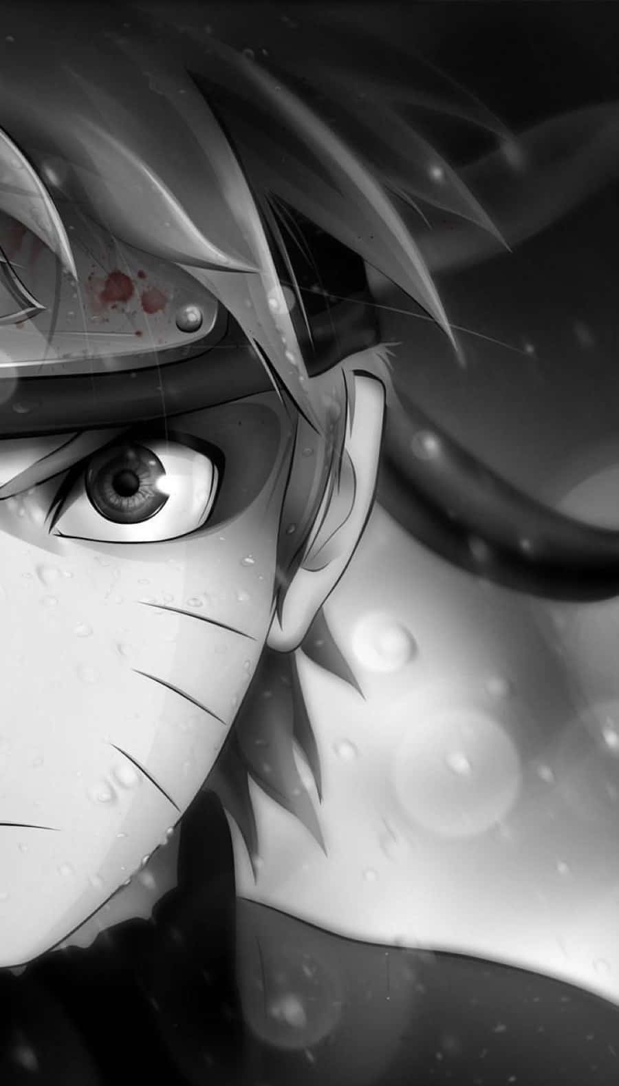 Naruto Sage Mode 桌布 壁紙 — 一個戲劇性的黑白動畫特寫，描繪一位堅定的年輕忍者，頭帶沾血，臉上掛著雨滴。