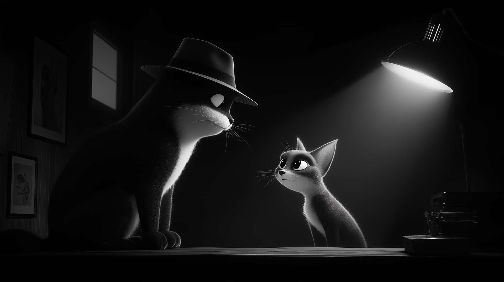 Noir Detective Cat: Intense Interrogation Under Spotlight 壁紙 — 一個戲劇性的黑白場景，一隻戴著紳士帽的貓在陰暗的房間裡，在一盞檯燈下俯視著一隻較小的貓。