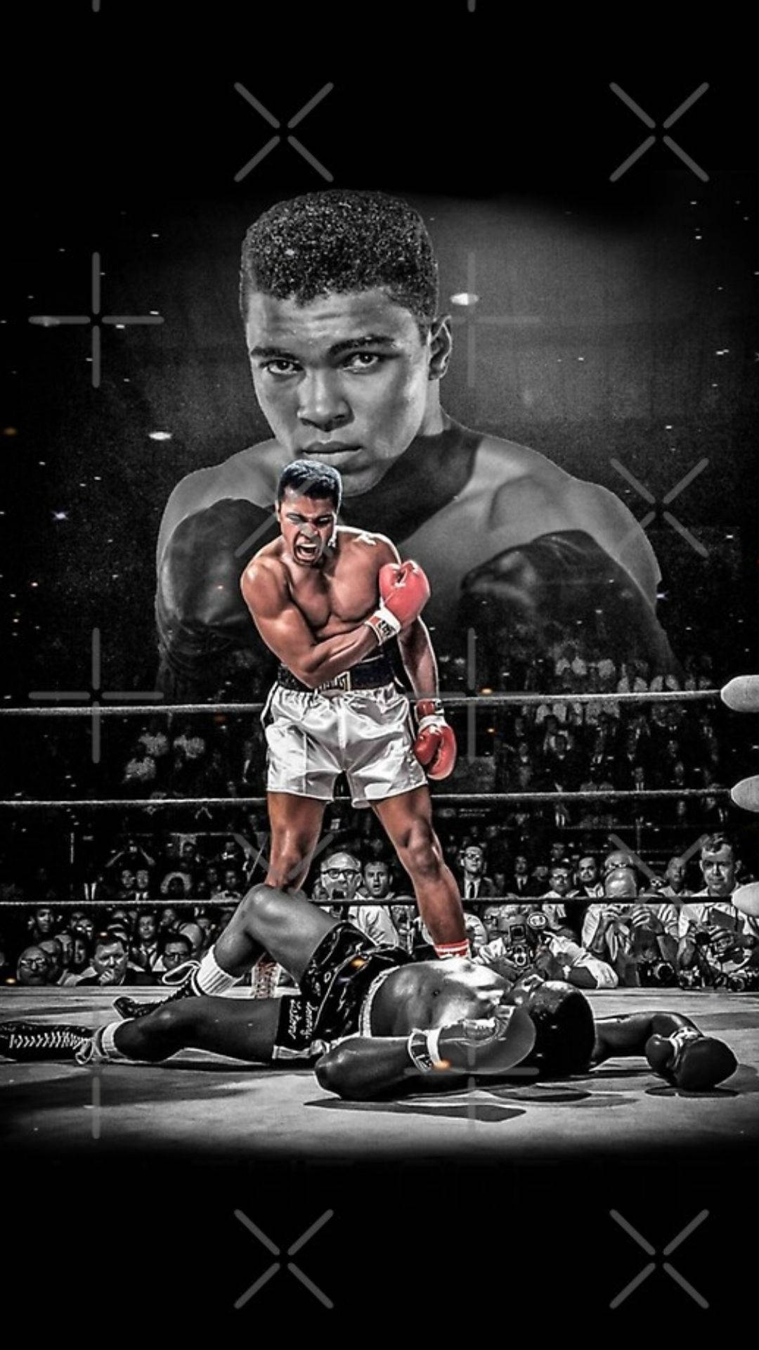 Cool Boxing 桌布 壁紙 — 一個戲劇性的黑白拳擊場景，穆罕默德·阿里勝利地站在倒下的對手之上，身後懸掛著他巨大的肖像。
