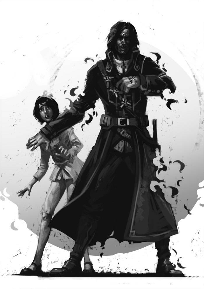 Dishonored 2 桌布 壁紙 — 一個戲劇性的黑白插圖，描繪一個高大的裝甲戰士抱著一個驚恐的孩子，背景是飛濺的。