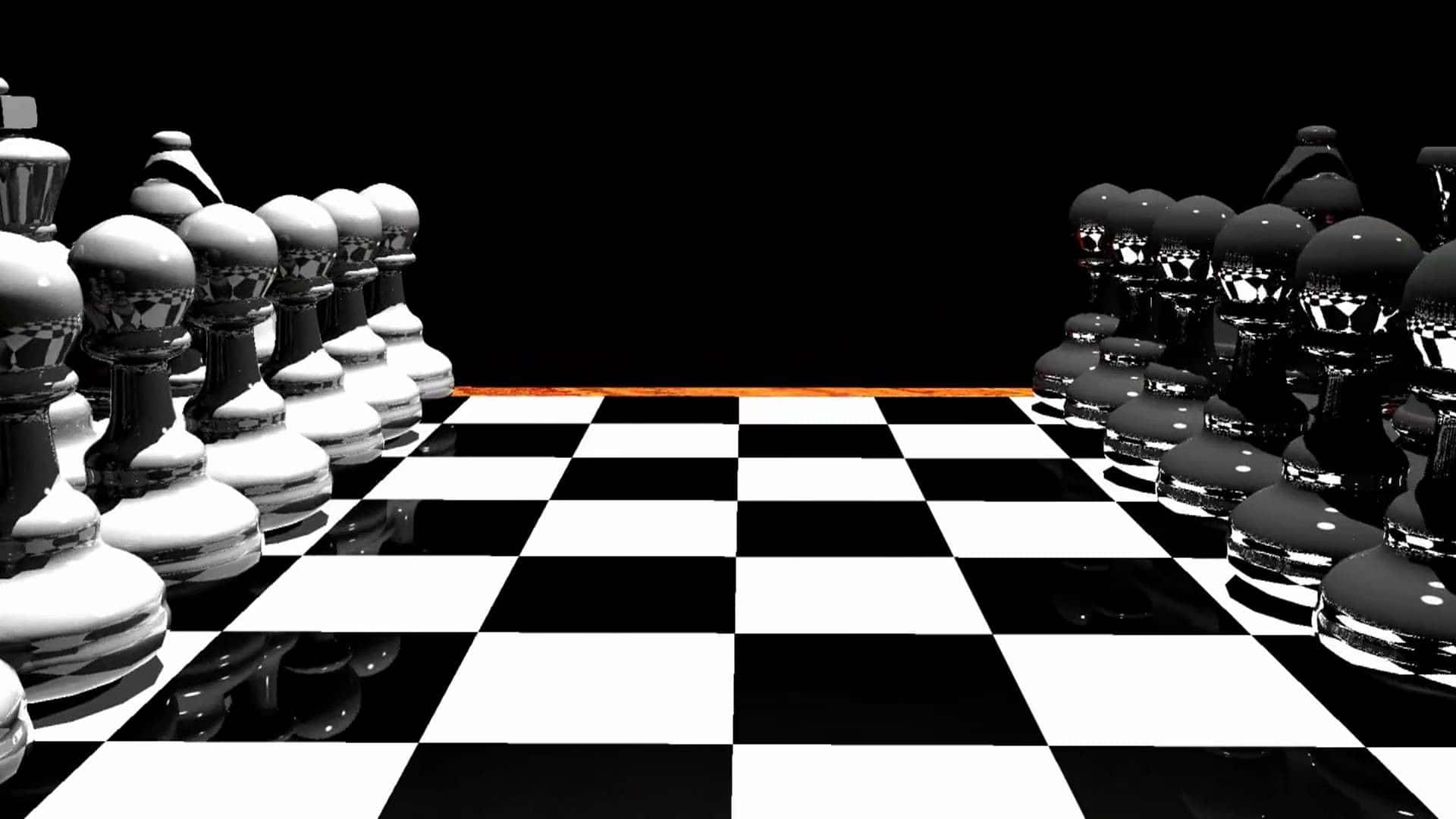西洋棋 桌布 壁紙 — 一個戲劇性的黑白棋盤，帶有光澤棋子，背景為純黑色。