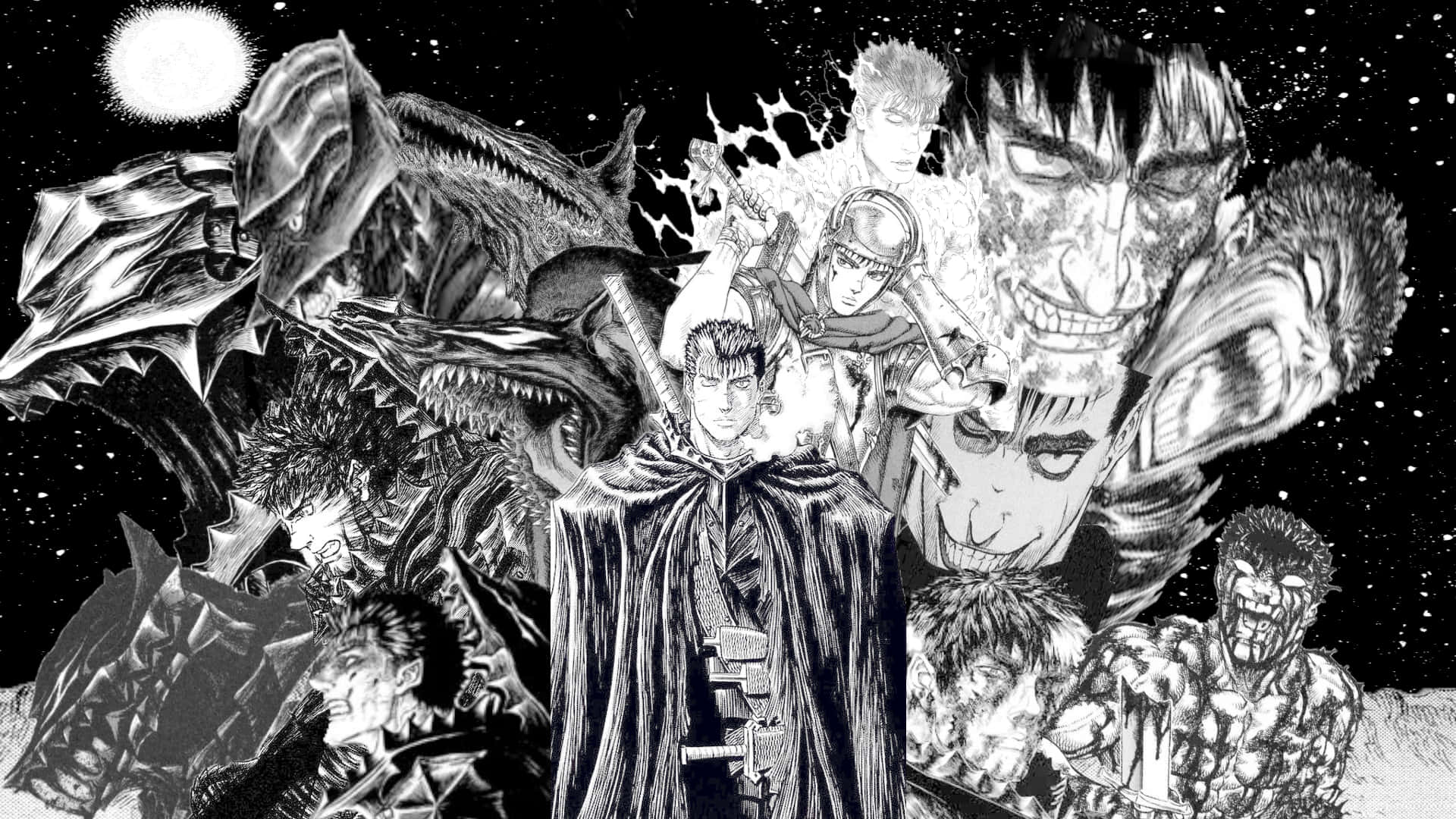 Berserk Manga 桌布 壁紙 — 一個戲劇性的黑白漫畫面板，中央戰士在星空和明亮月亮下被怪物般的敵人包圍。
