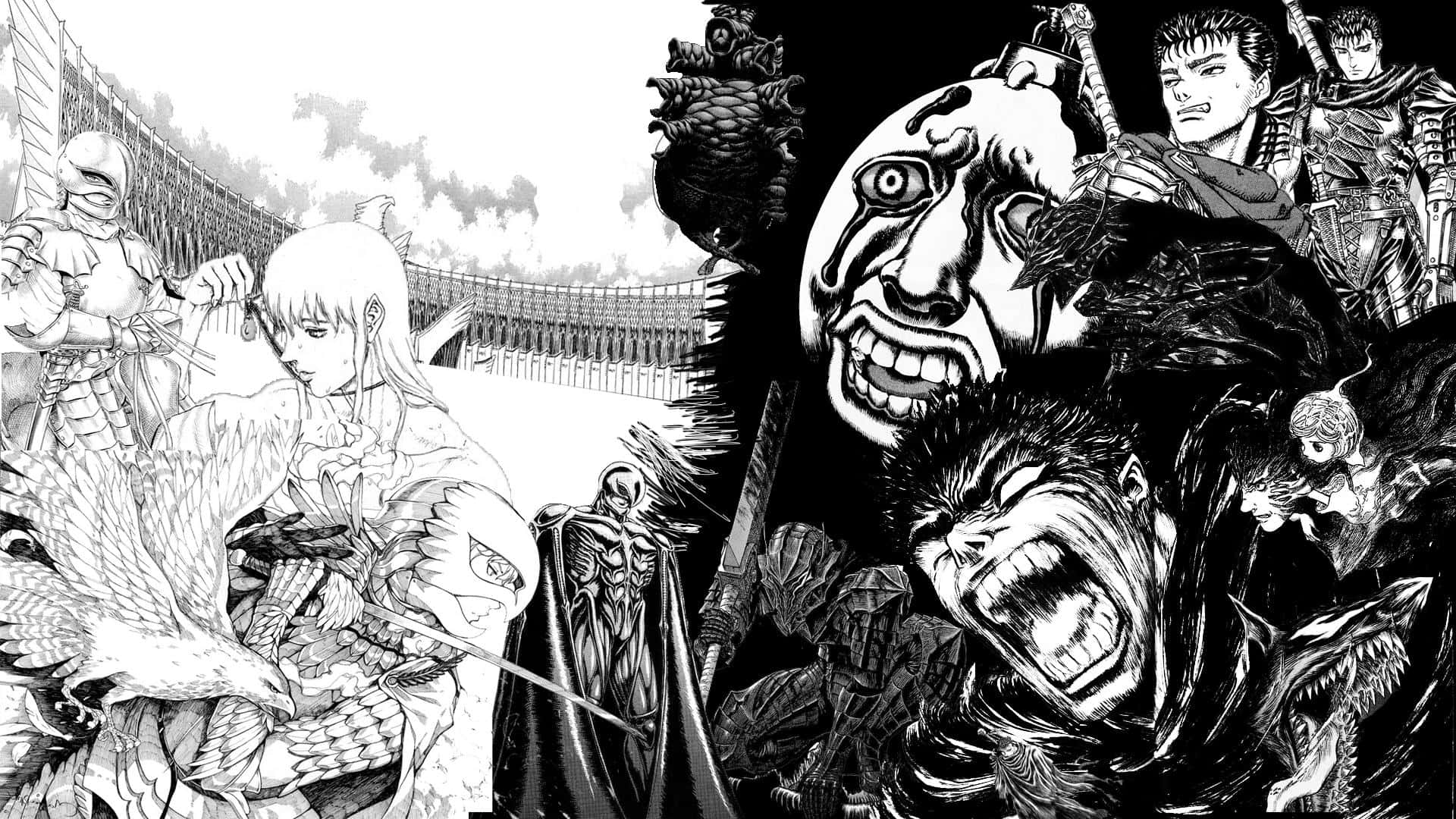 動漫 桌布 壁紙 — 一個戲劇性的黑白漫畫面板描繪了裝甲戰士和怪物般的人物在混亂的戰鬥場景中。