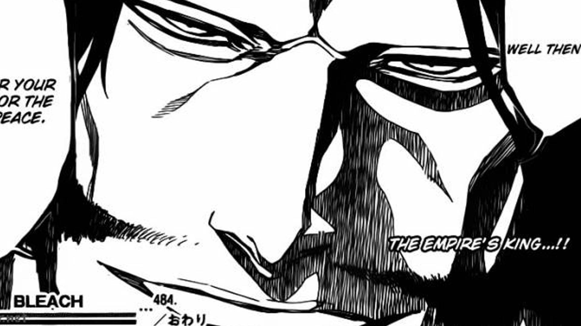 Aizen 桌布 壁紙 — 一個戲劇性的黑白漫畫面板顯示一個角色，眼神強烈，線條銳利，用粗體字宣佈「THE EMPIRE'S KING!!!」。