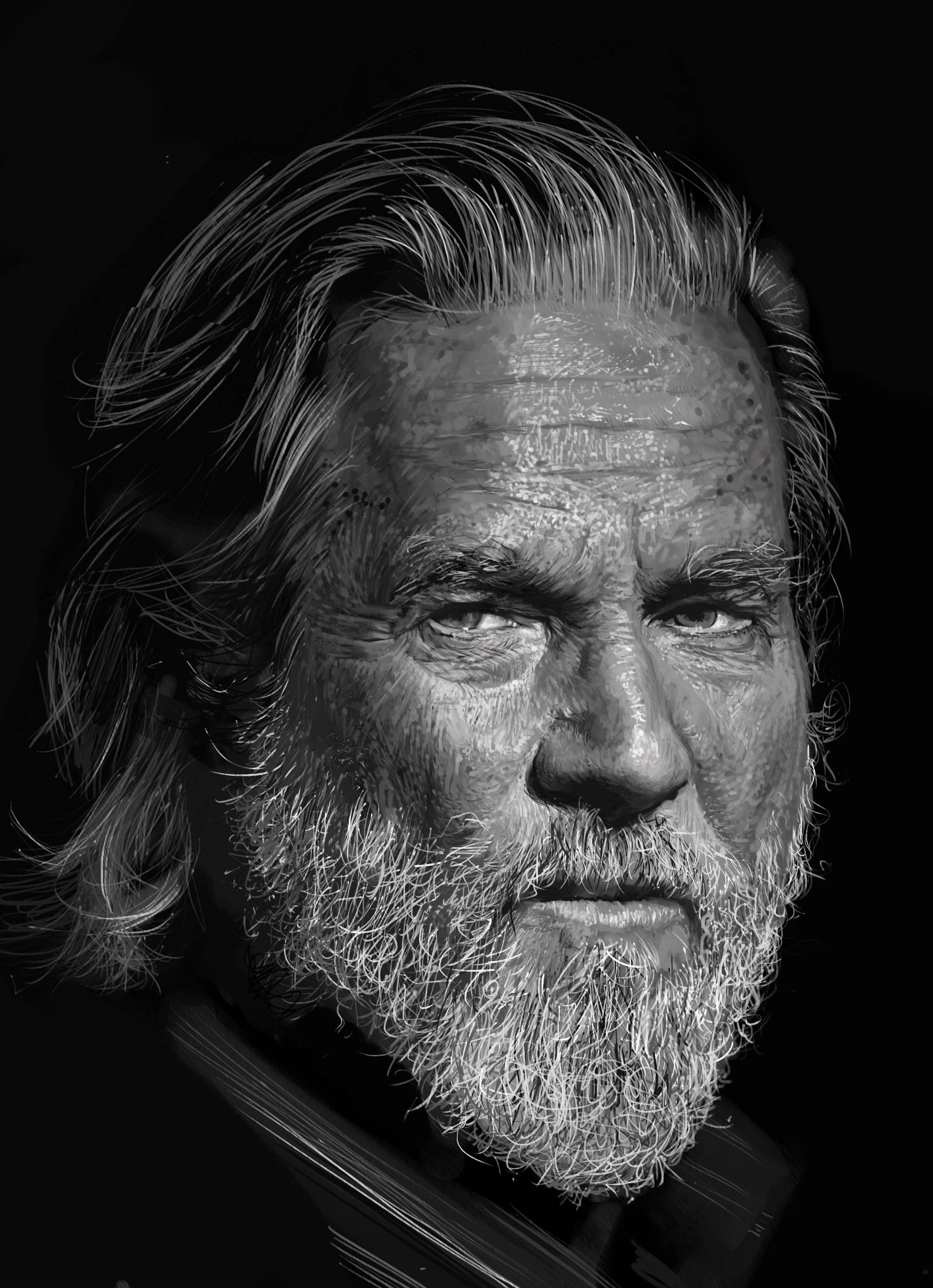 actor 桌布 壁紙 — 一個戲劇性的黑白肖像，描繪一位滿臉鬍鬚、歷經風霜的男子，在深色背景下帶著強烈的眼神。