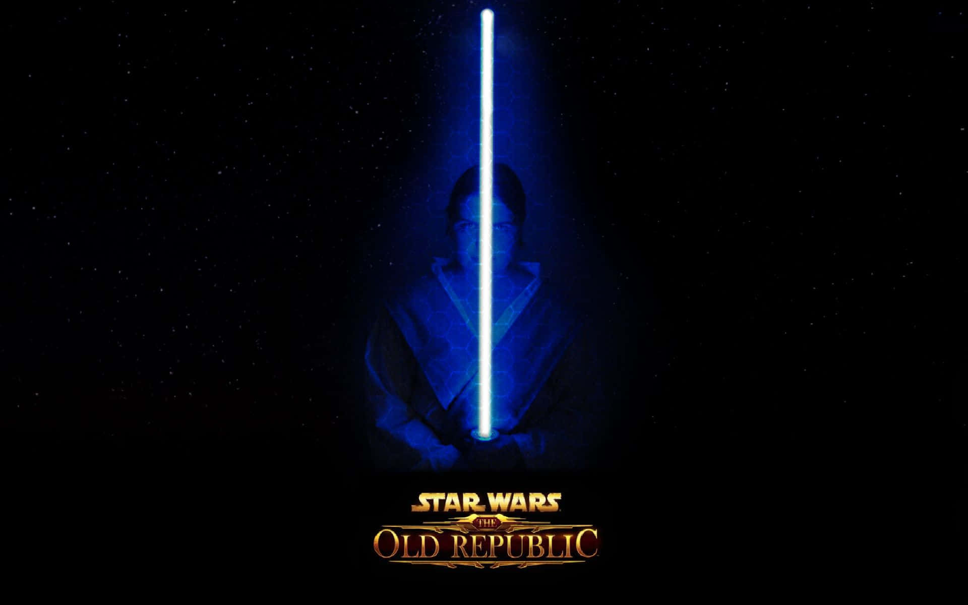 Jedi Knight 桌布 壁紙 — 一個戴兜帽的人物在星空虛空中握著一把發光的藍色光劍，下方有「Star Wars The Old Republic」標誌。