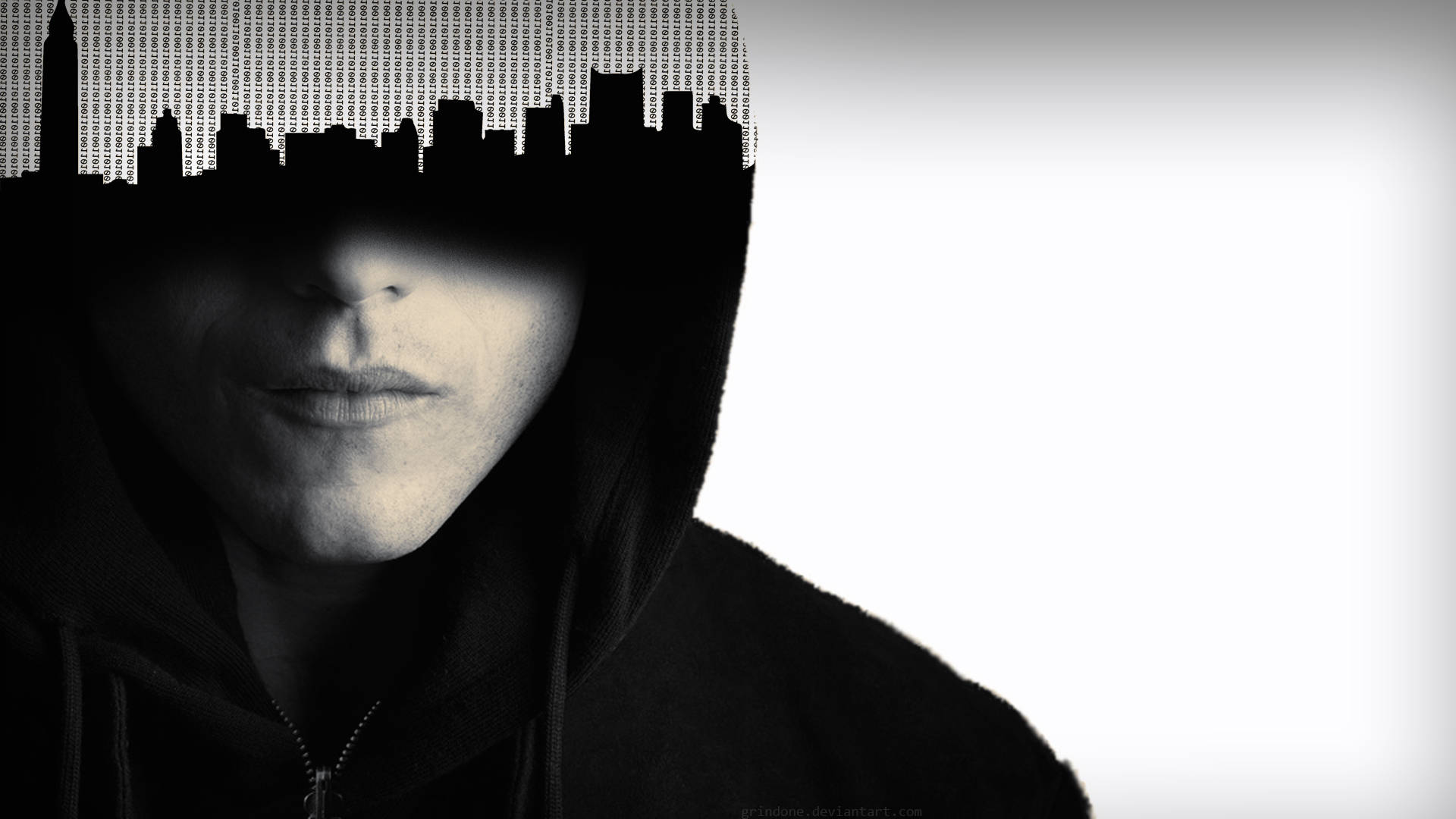 Mr Robot 桌布 壁紙 — 一個戴兜帽的人的面孔被城市天際線剪影半遮，背景為純白色。