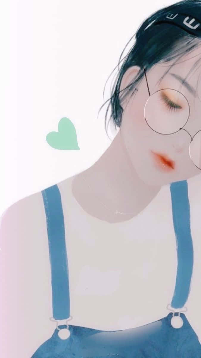 少女風 桌布 壁紙 — 一個戴圓框眼鏡、身穿藍色吊帶褲的柔和動漫風格女孩，在飄浮的薄荷色愛心旁低頭凝視。