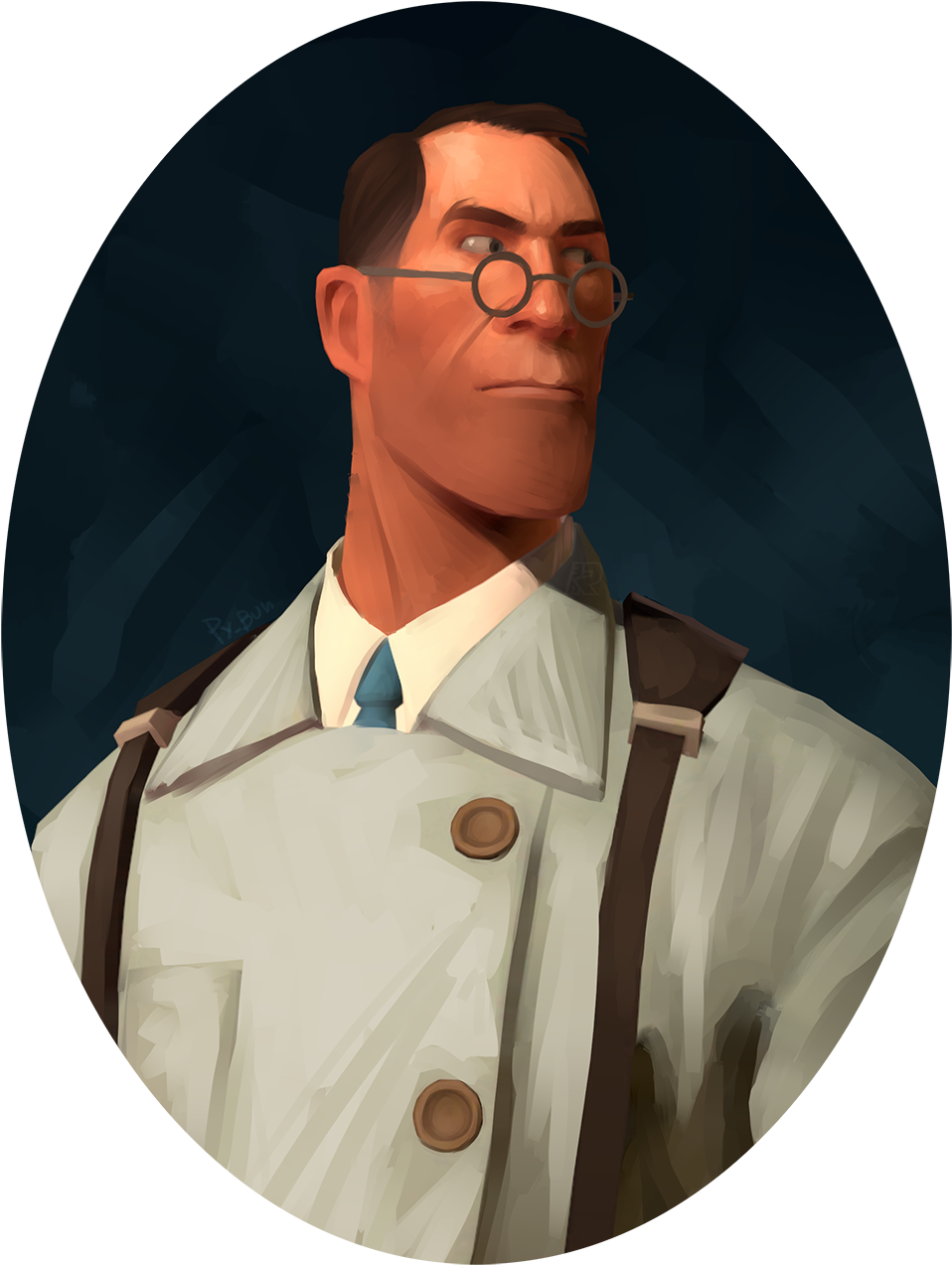 Tf2 桌布 壁紙 — 一個戴圓框眼鏡和吊帶的嚴肅男子，在深藍色橢圓形背景上，以風格化的數位肖像畫凝視著。